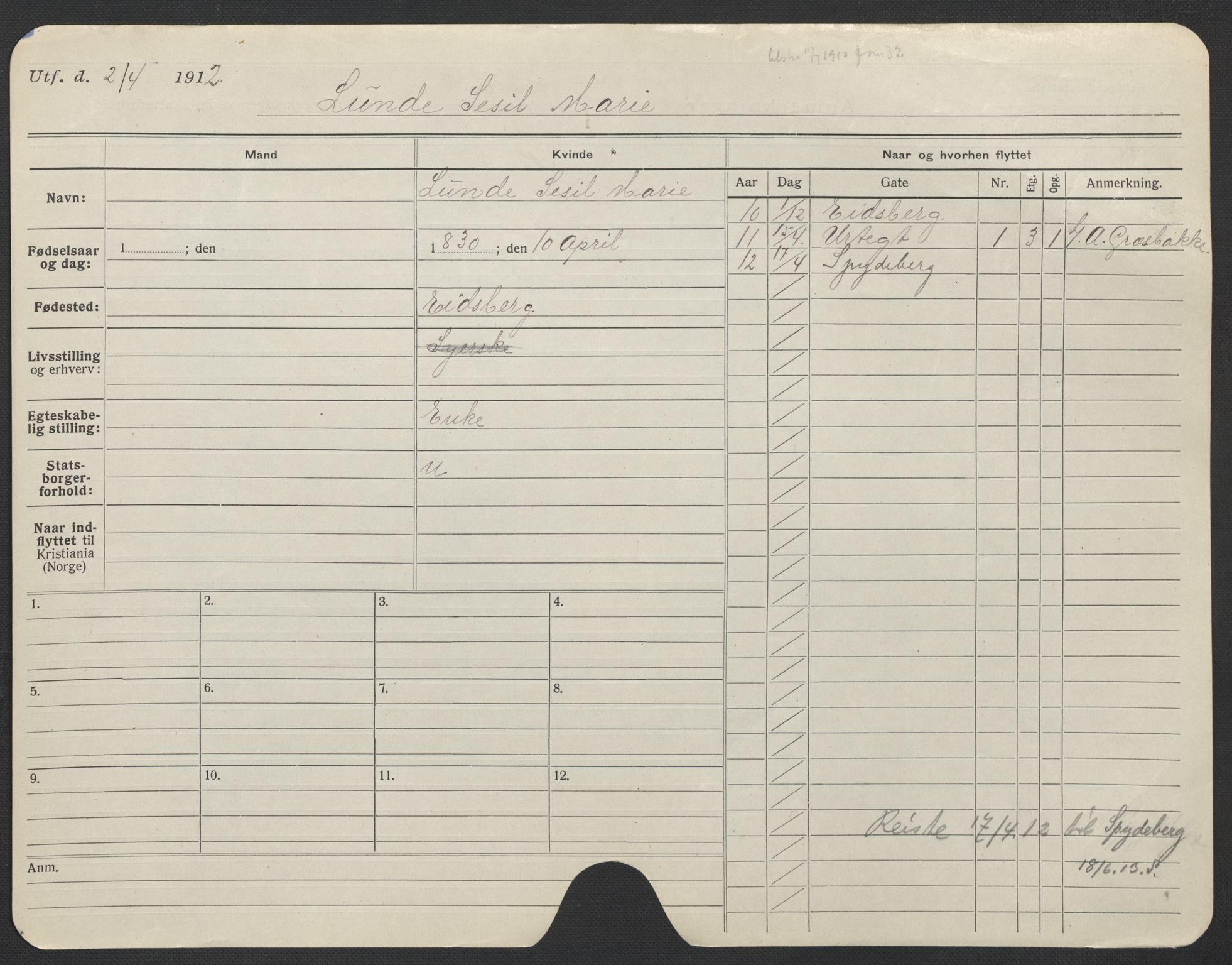 Oslo folkeregister, Registerkort, AV/SAO-A-11715/F/Fa/Fac/L0020: Kvinner, 1906-1914, p. 323a