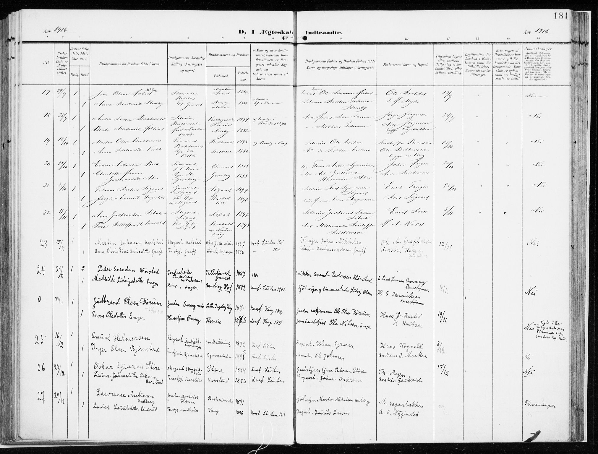 Løten prestekontor, AV/SAH-PREST-022/K/Ka/L0011: Parish register (official) no. 11, 1908-1917, p. 181