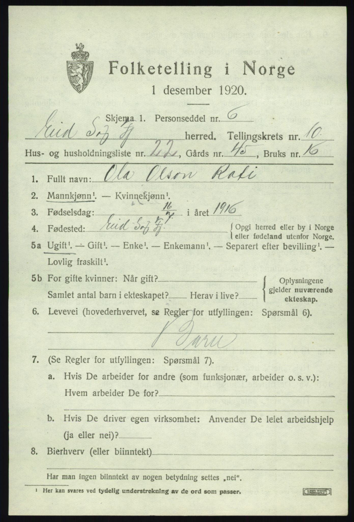 SAB, 1920 census for Eid, 1920, p. 5244