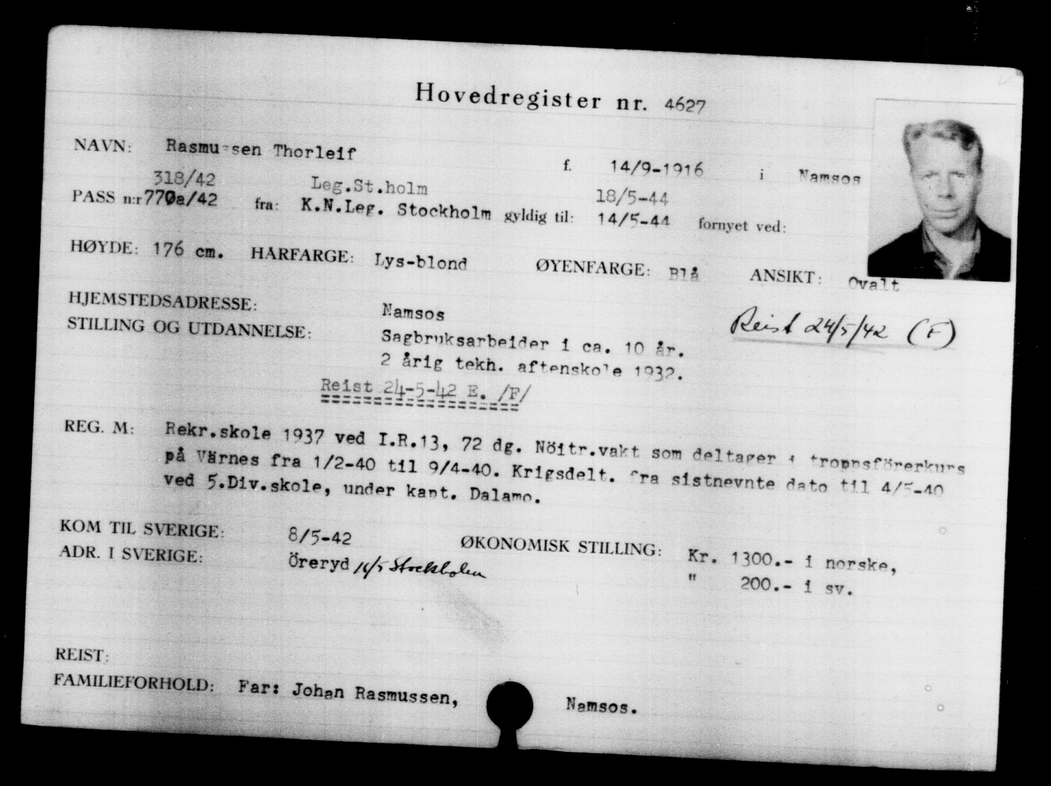 Utenriksstasjonene, Legasjonen i Stockholm, Flyktningkontoret, AV/RA-S-6753/V/Va/L0004: Kjesäterkartoteket, flyktninger med registreringsnr. 3496-6610, 1940-1945, p. 1341
