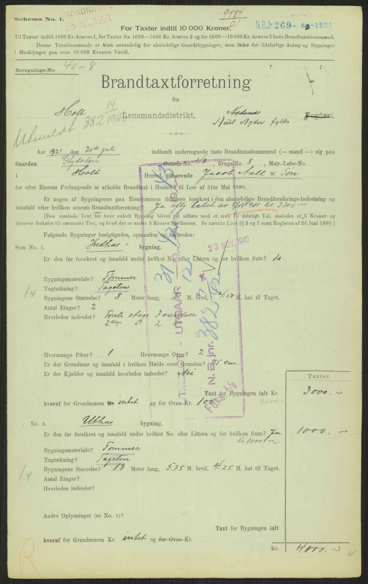 Norges Brannkasse, AV/RA-S-1549/E/Ei/L0072: Holt, 1850-1950, p. 1001