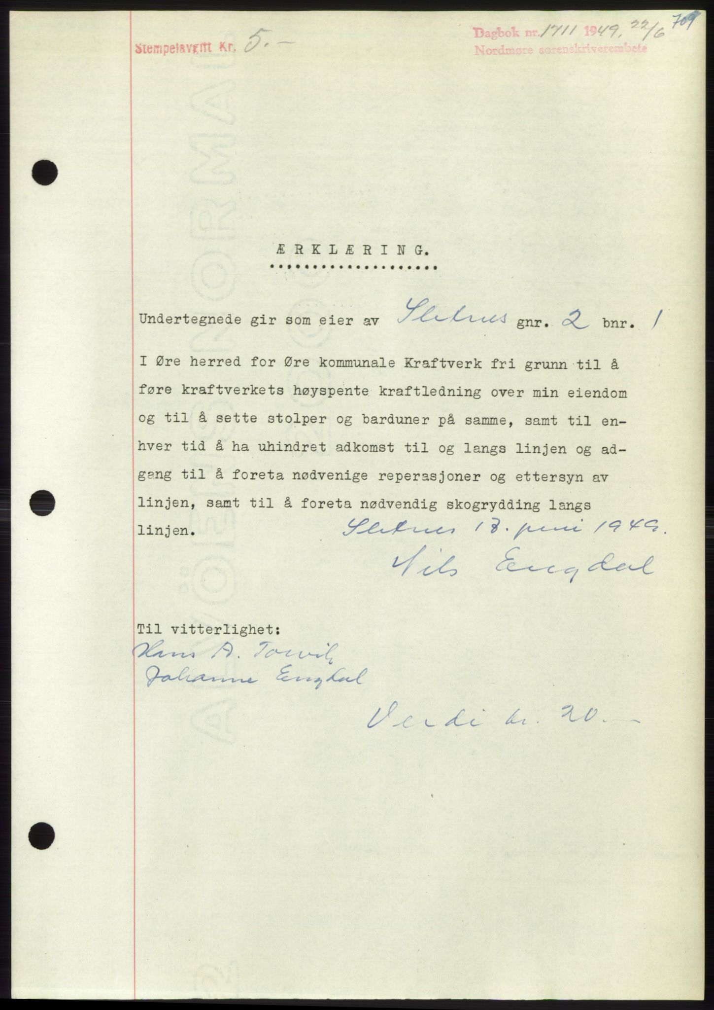 Nordmøre sorenskriveri, AV/SAT-A-4132/1/2/2Ca: Mortgage book no. B101, 1949-1949, Diary no: : 1711/1949