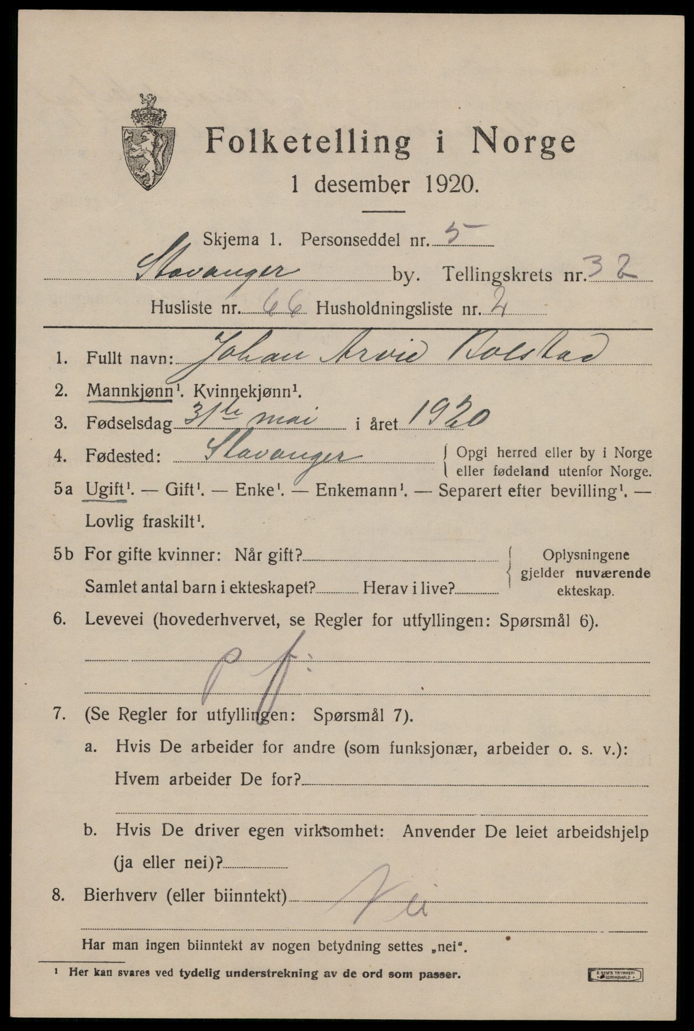 SAST, 1920 census for Stavanger, 1920, p. 98516