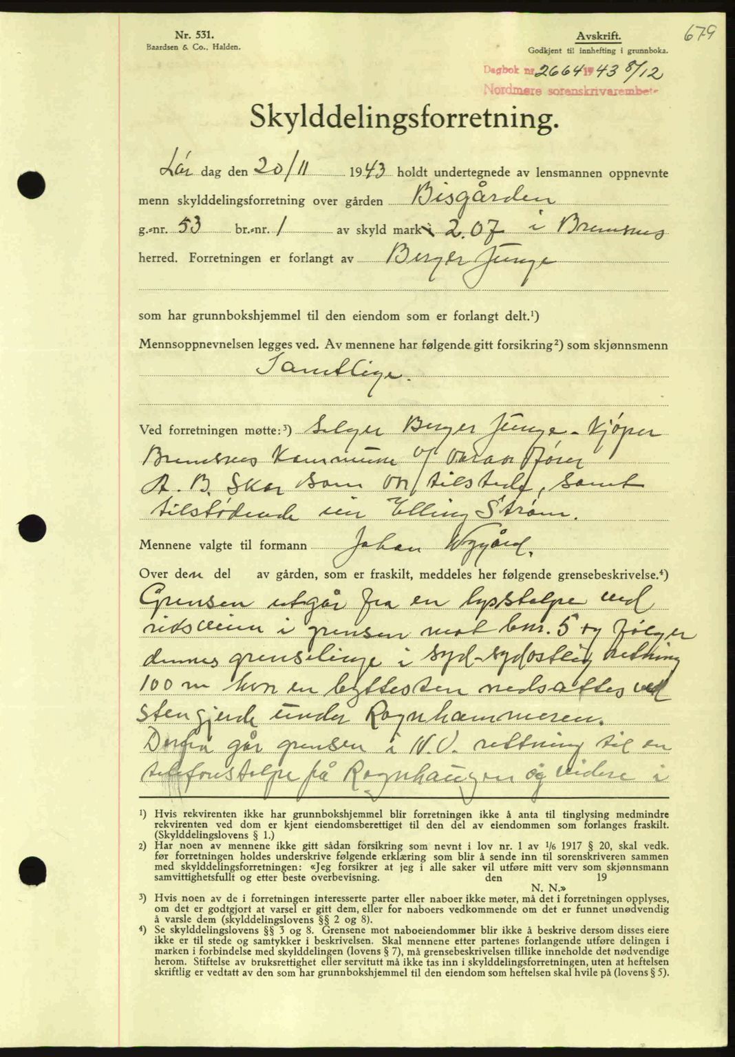 Nordmøre sorenskriveri, AV/SAT-A-4132/1/2/2Ca: Mortgage book no. A96, 1943-1944, Diary no: : 2664/1943