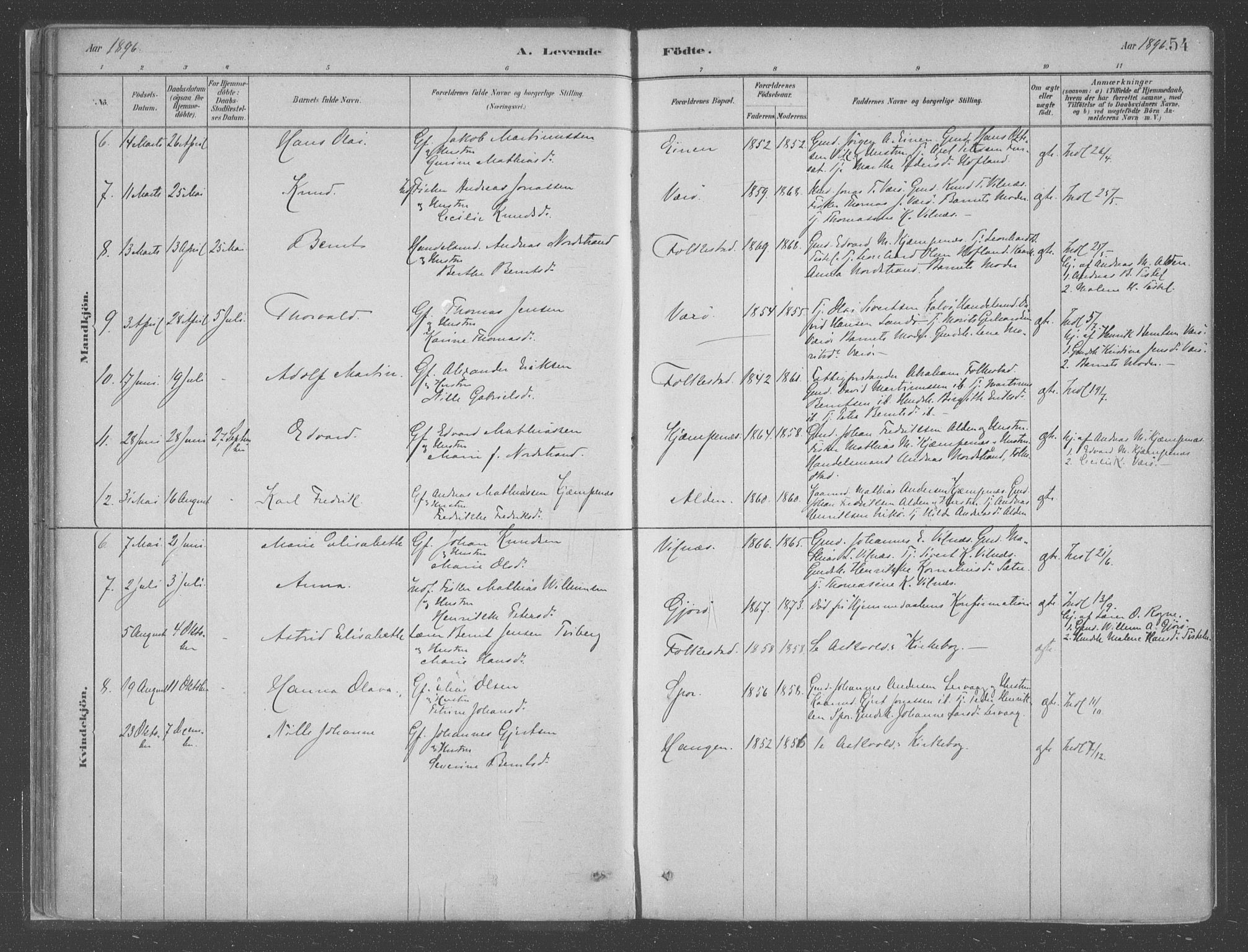 Askvoll sokneprestembete, SAB/A-79501/H/Haa/Haac/L0001: Parish register (official) no. C  1, 1879-1922, p. 54