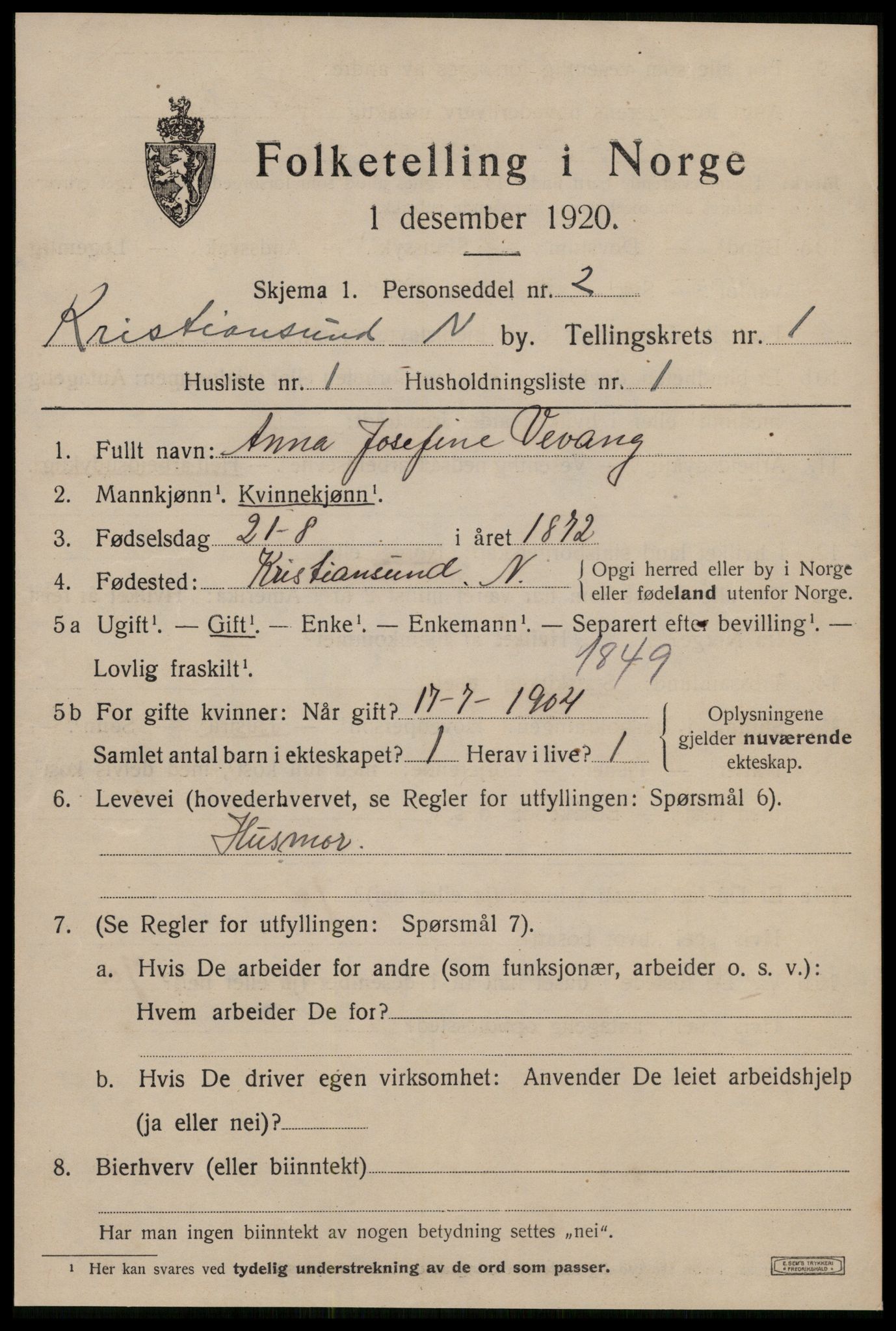 SAT, 1920 census for Kristiansund, 1920, p. 10353