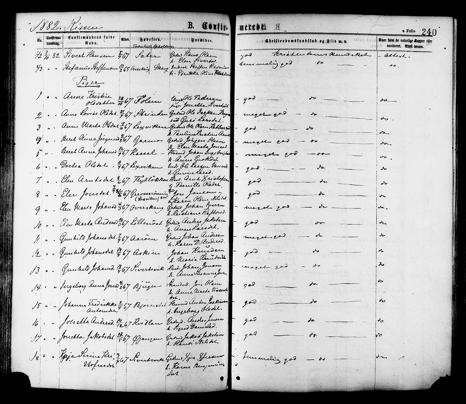 Ministerialprotokoller, klokkerbøker og fødselsregistre - Sør-Trøndelag, AV/SAT-A-1456/646/L0613: Parish register (official) no. 646A11, 1870-1884, p. 240