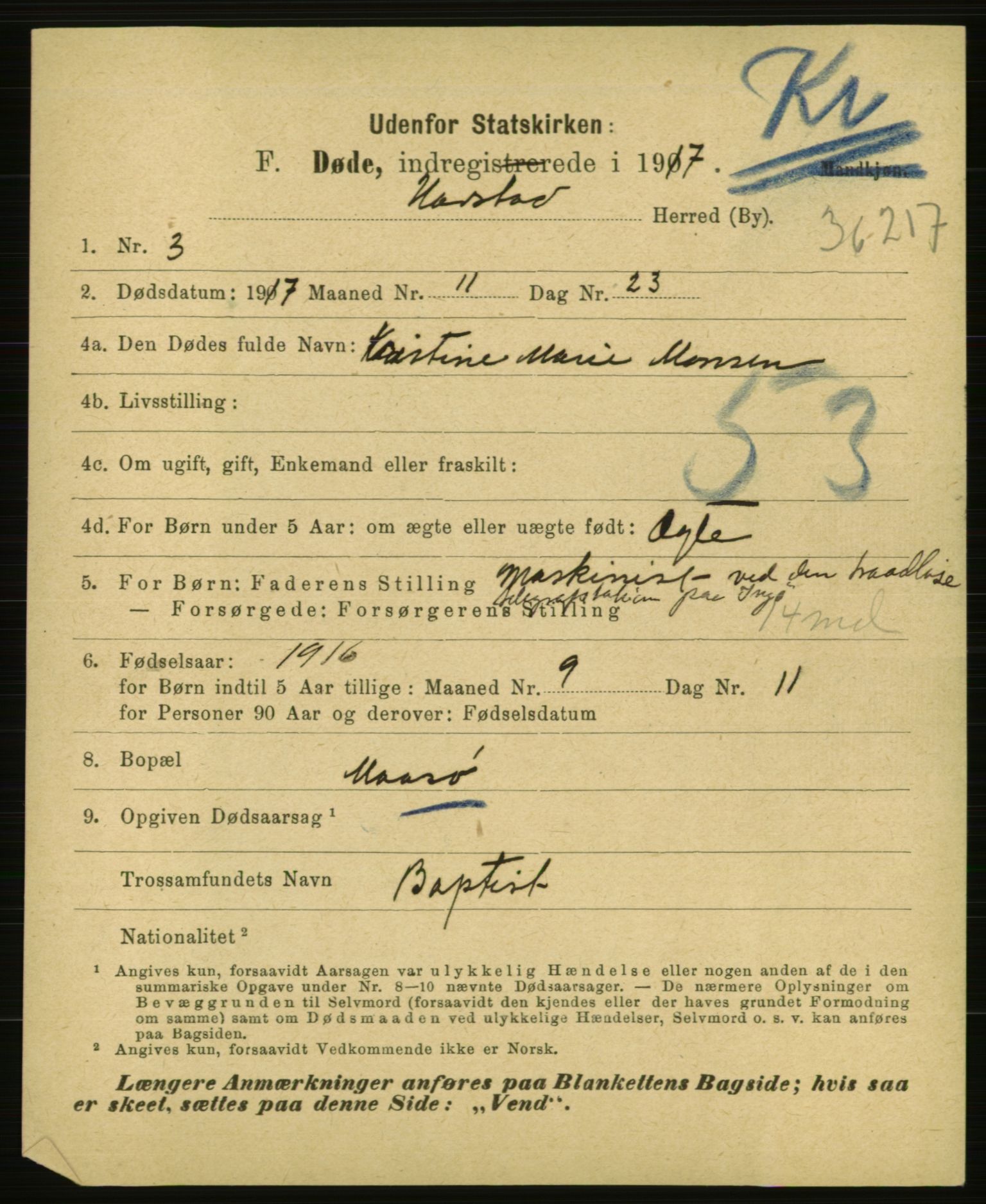 Statistisk sentralbyrå, Sosiodemografiske emner, Befolkning, AV/RA-S-2228/E/L0015: Fødte, gifte, døde dissentere., 1917, p. 3395