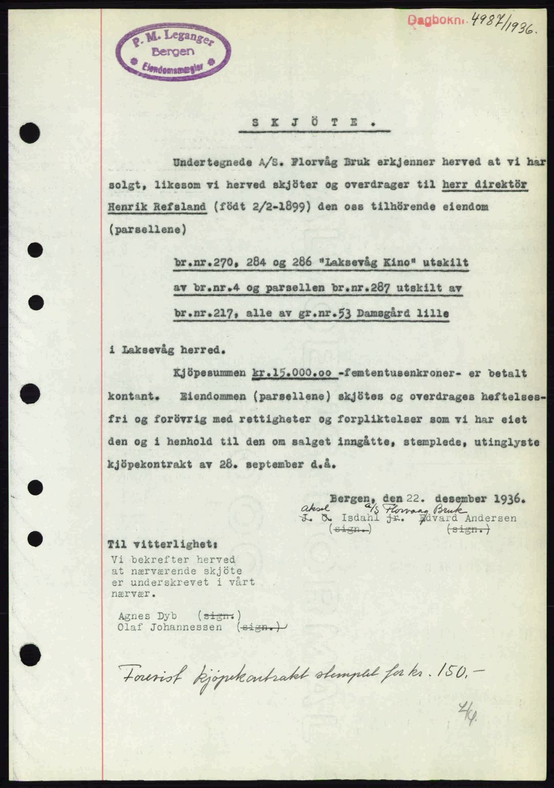 Midhordland sorenskriveri, SAB/A-3001/1/G/Gb/Gbk/L0001: Mortgage book no. A1-6, 1936-1937, Diary no: : 4987/1936