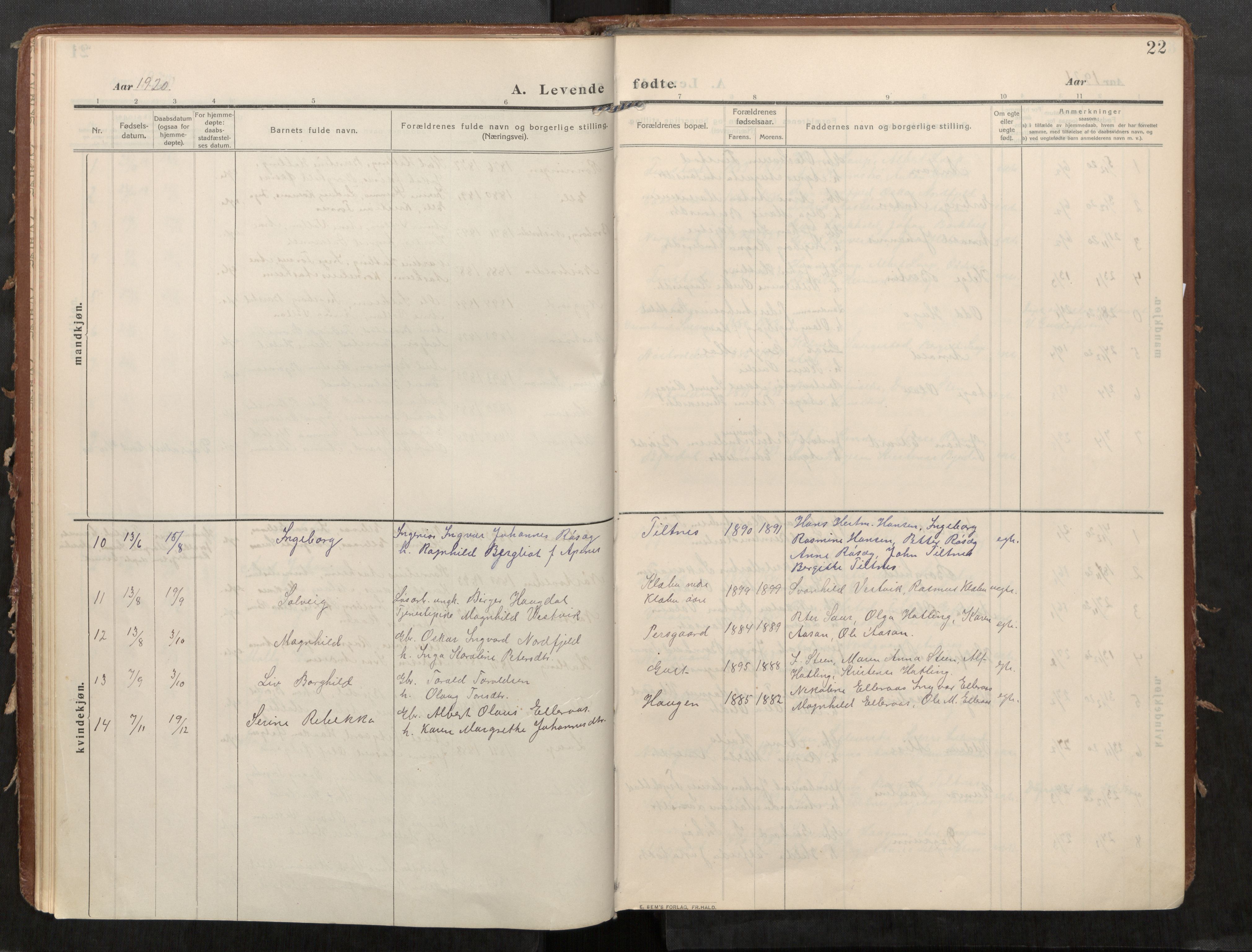 Stod sokneprestkontor, AV/SAT-A-1164/1/I/I1/I1a/L0002: Parish register (official) no. 2, 1909-1922, p. 22