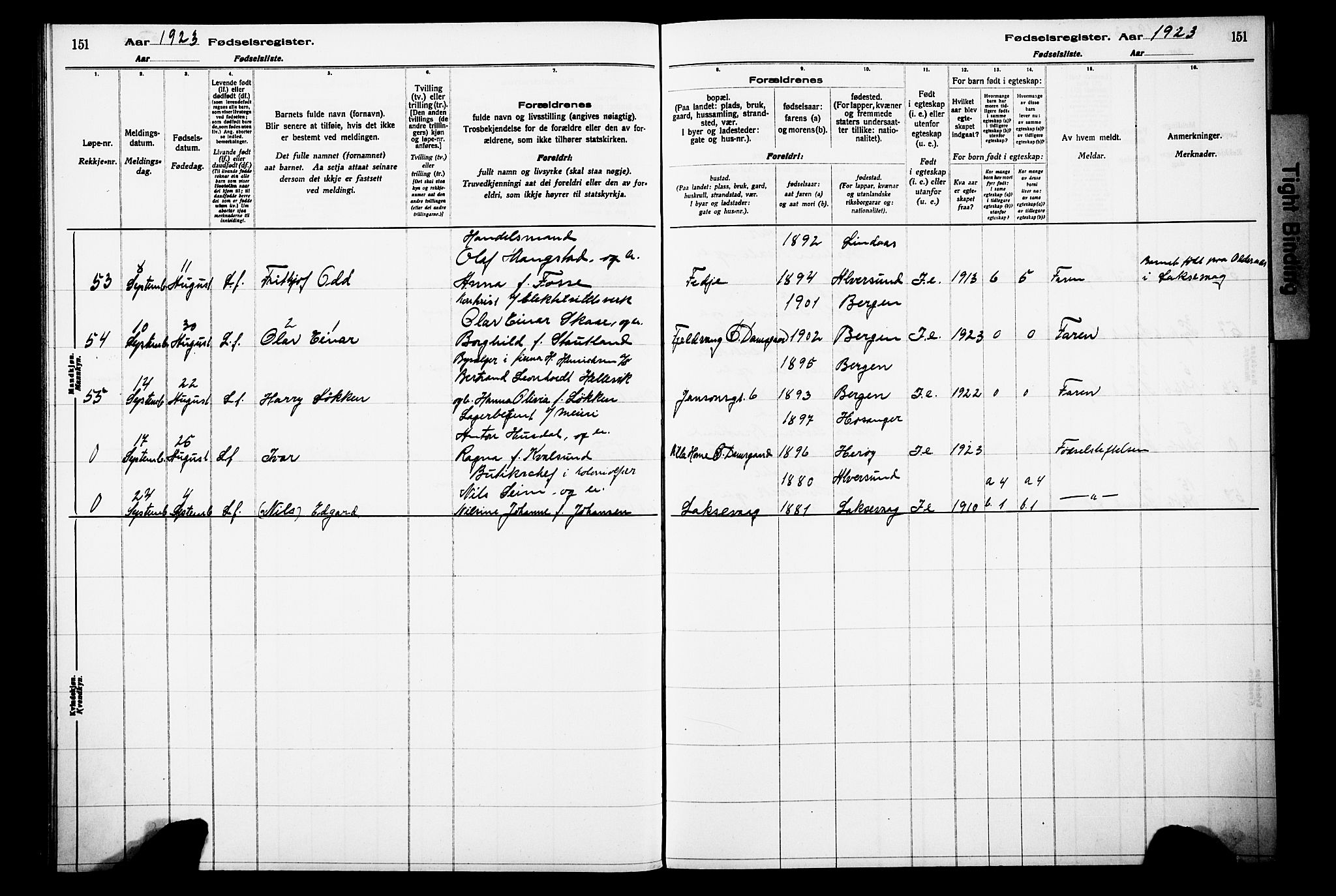 Laksevåg Sokneprestembete, SAB/A-76501/I/Id/L00A1: Birth register no. A 1, 1916-1926, p. 151