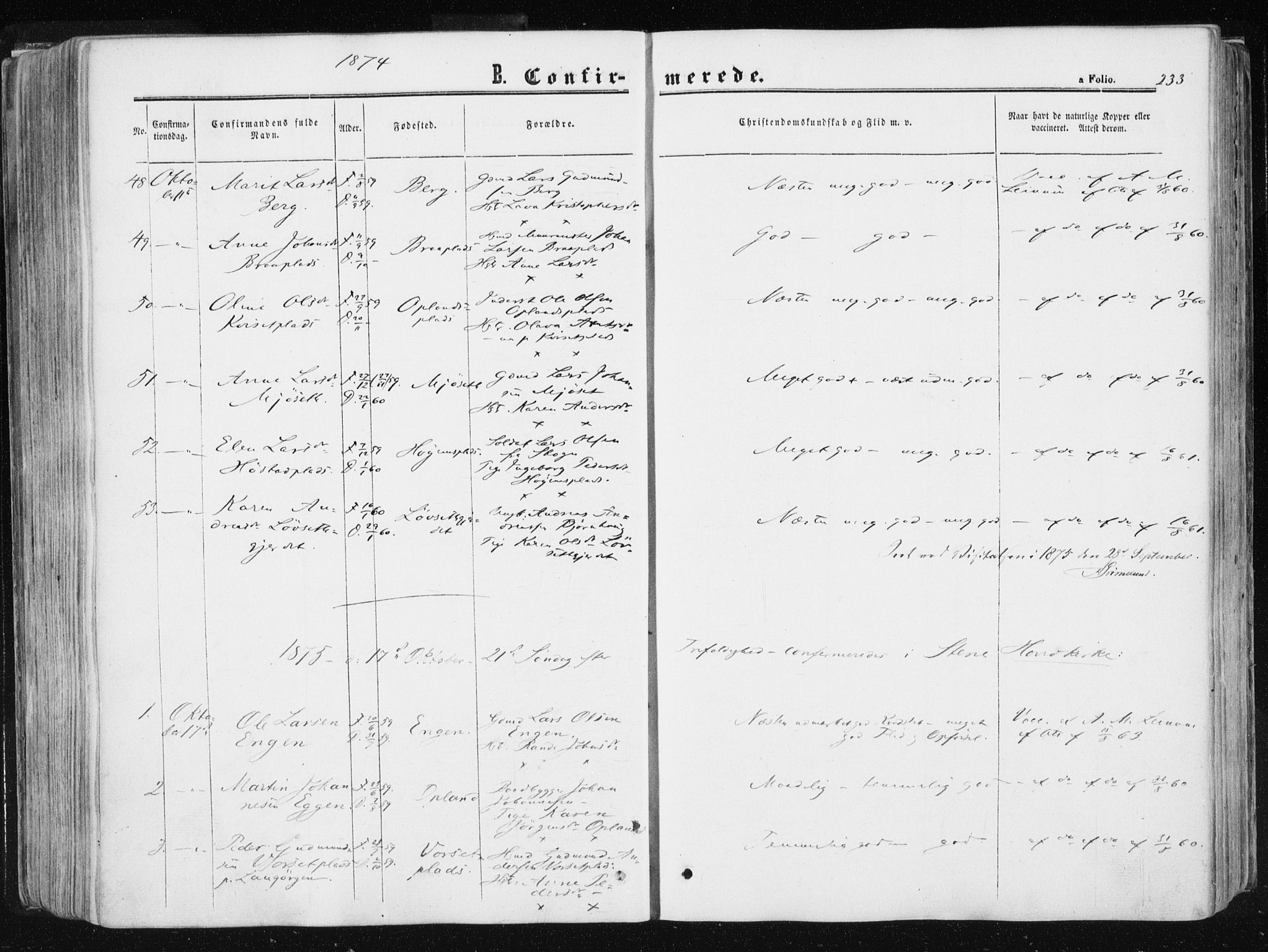 Ministerialprotokoller, klokkerbøker og fødselsregistre - Sør-Trøndelag, SAT/A-1456/612/L0377: Parish register (official) no. 612A09, 1859-1877, p. 233