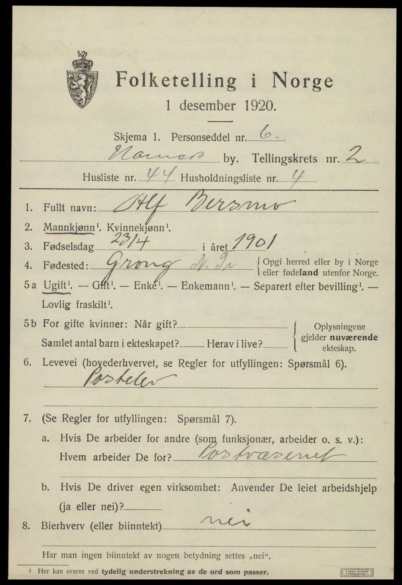 SAT, 1920 census for Namsos, 1920, p. 3741