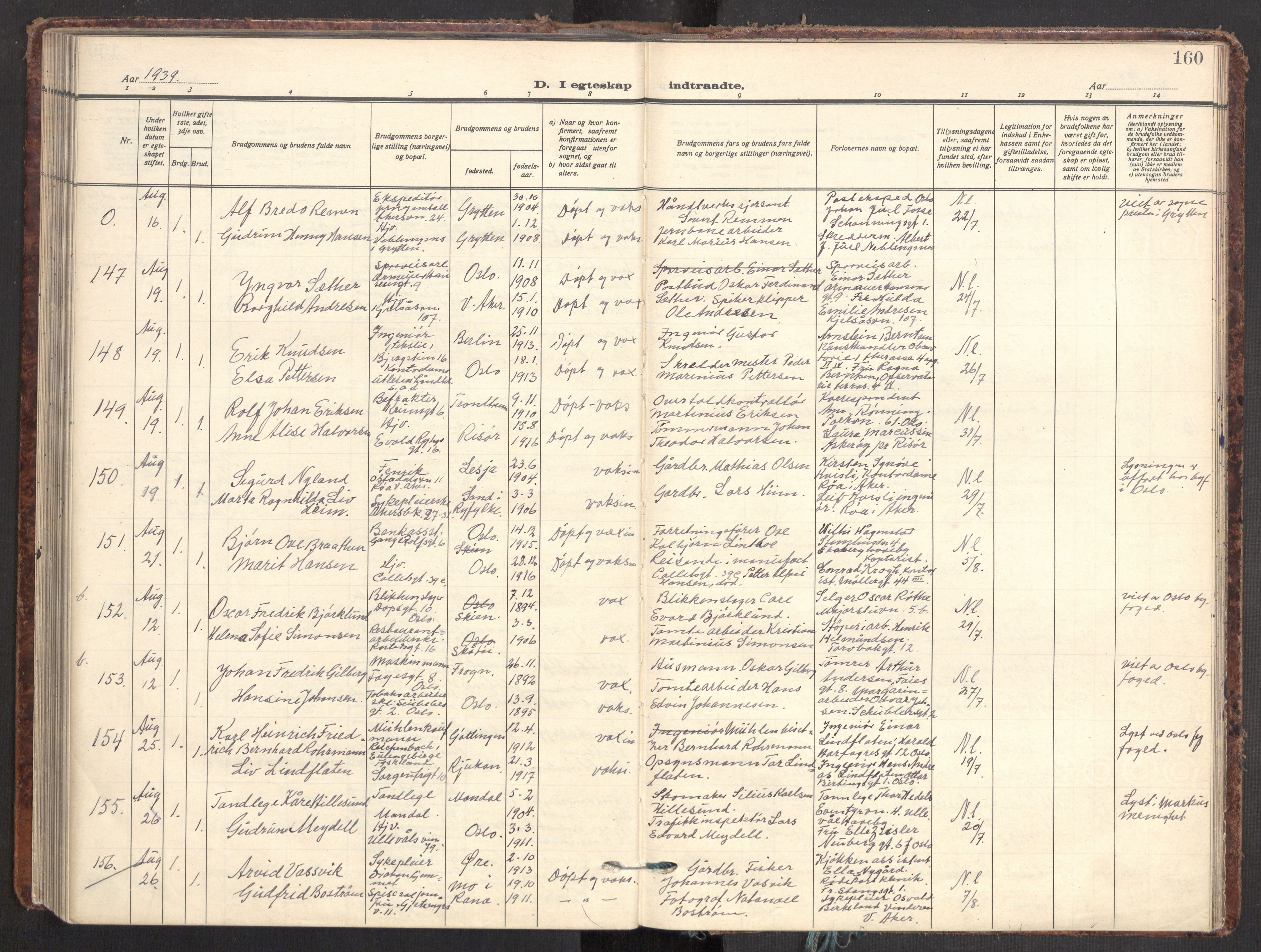 Gamle Aker prestekontor Kirkebøker, AV/SAO-A-10617a/F/L0021: Parish register (official) no. 21, 1932-1941, p. 160