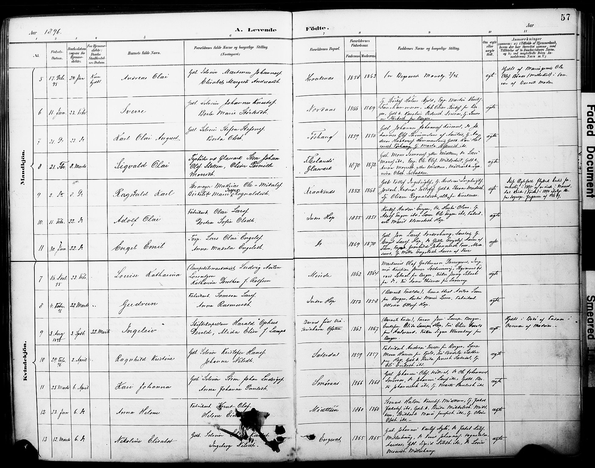 Fana Sokneprestembete, AV/SAB-A-75101/H/Haa/Haai/L0002: Parish register (official) no. I 2, 1888-1899, p. 57