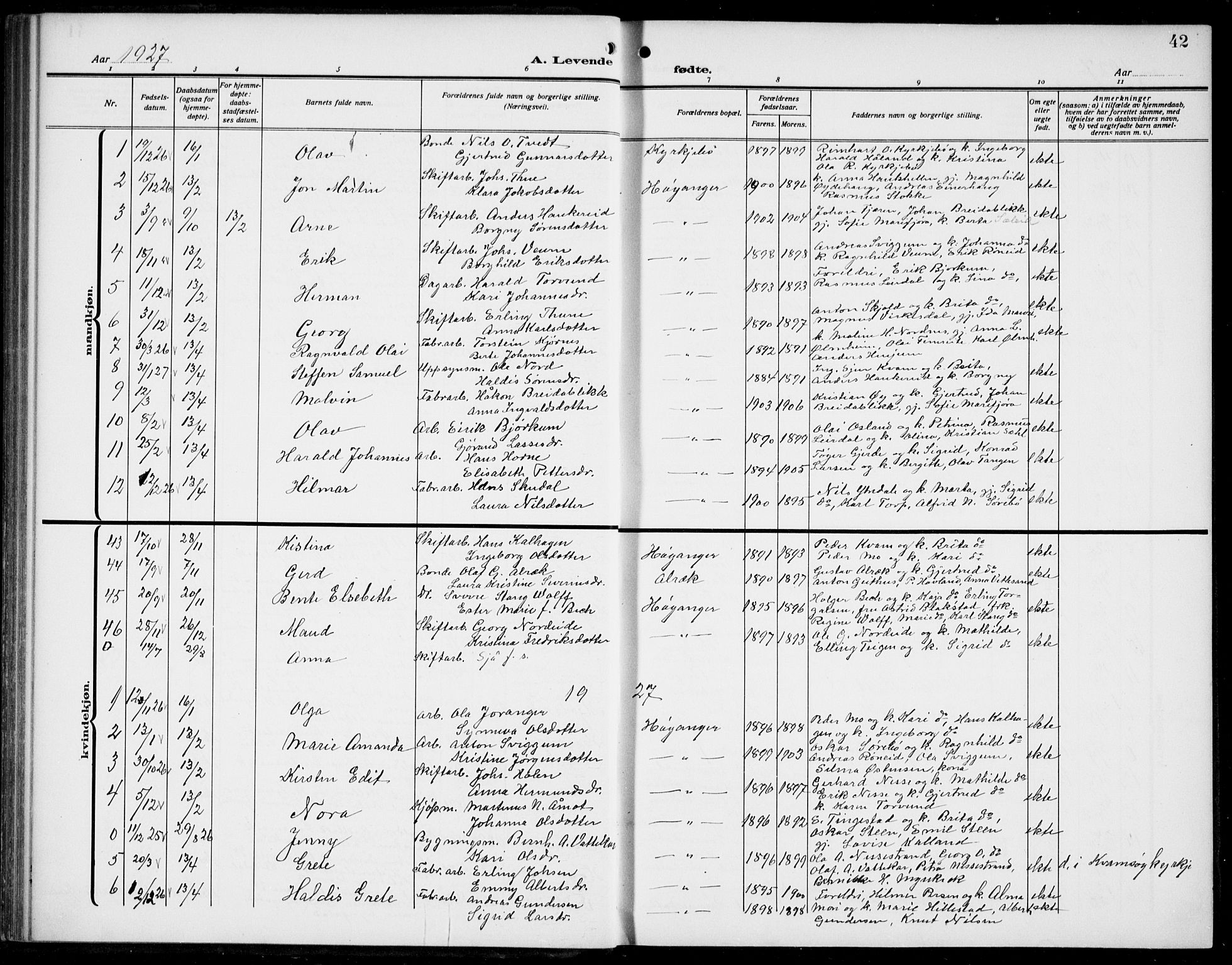 Lavik sokneprestembete, AV/SAB-A-80901: Parish register (copy) no. B 4, 1914-1937, p. 42