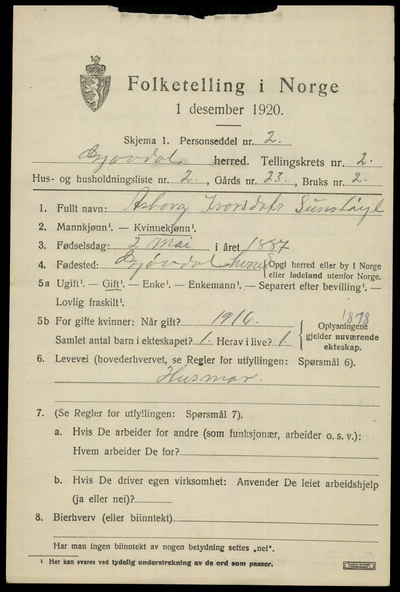 SAK, 1920 census for Gjøvdal, 1920, p. 840