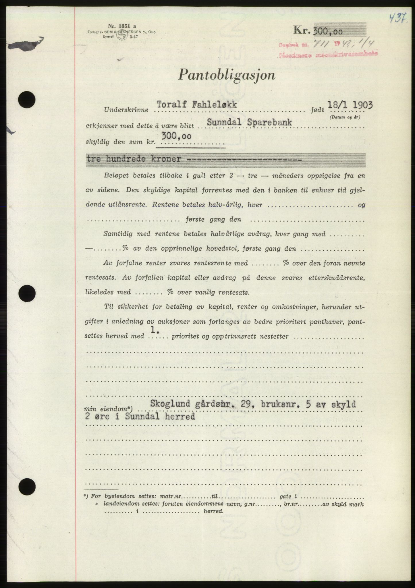 Nordmøre sorenskriveri, AV/SAT-A-4132/1/2/2Ca: Mortgage book no. B98, 1948-1948, Diary no: : 711/1948