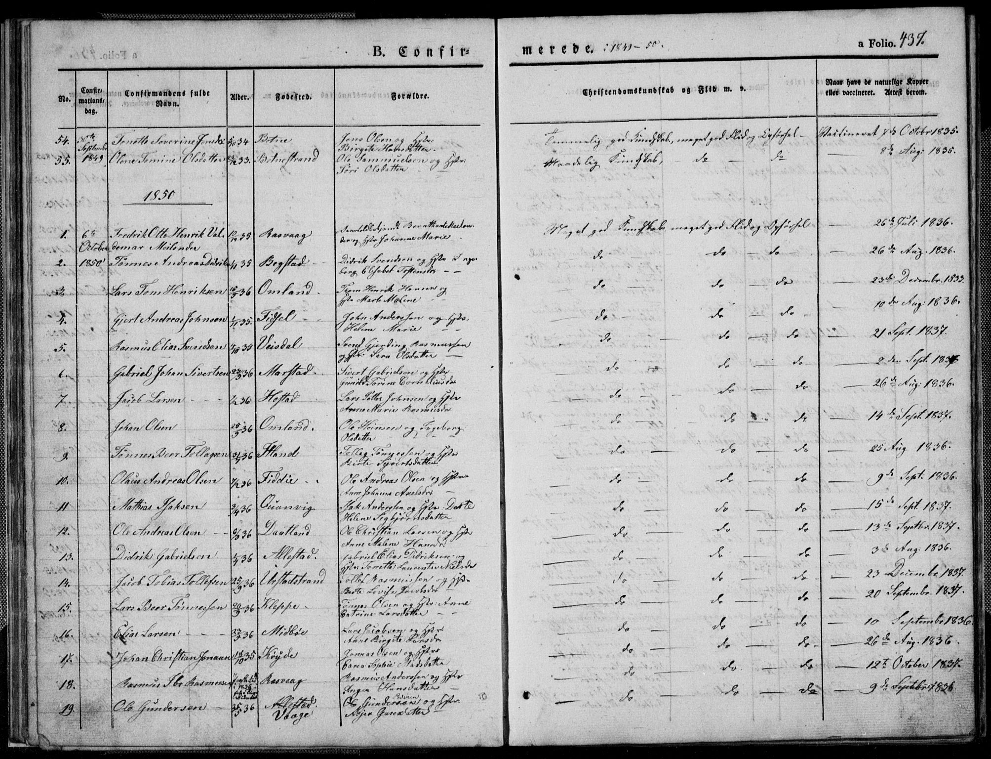 Flekkefjord sokneprestkontor, SAK/1111-0012/F/Fb/Fbb/L0002: Parish register (copy) no. B 2b, 1831-1866, p. 437