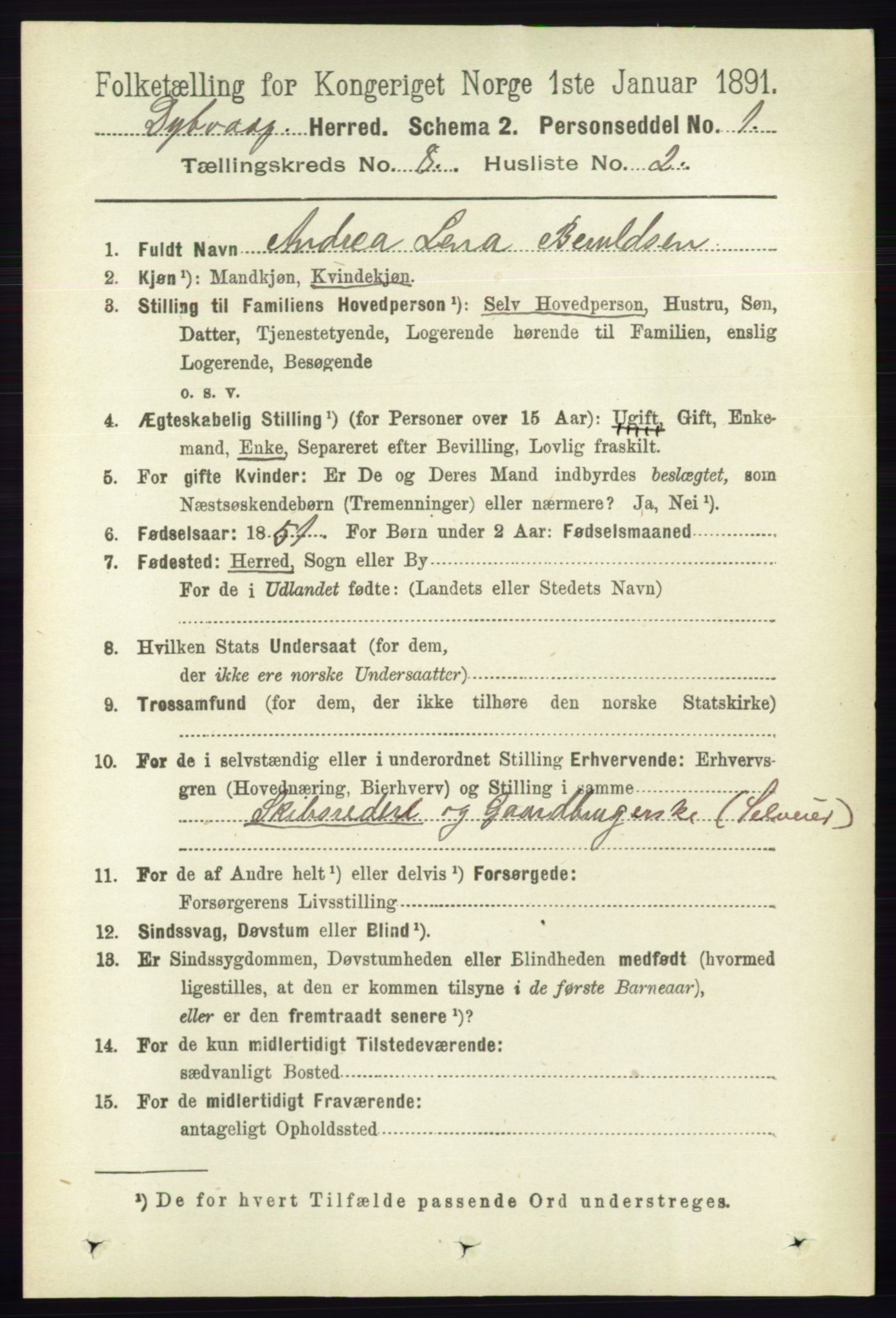 RA, 1891 census for 0915 Dypvåg, 1891, p. 2732