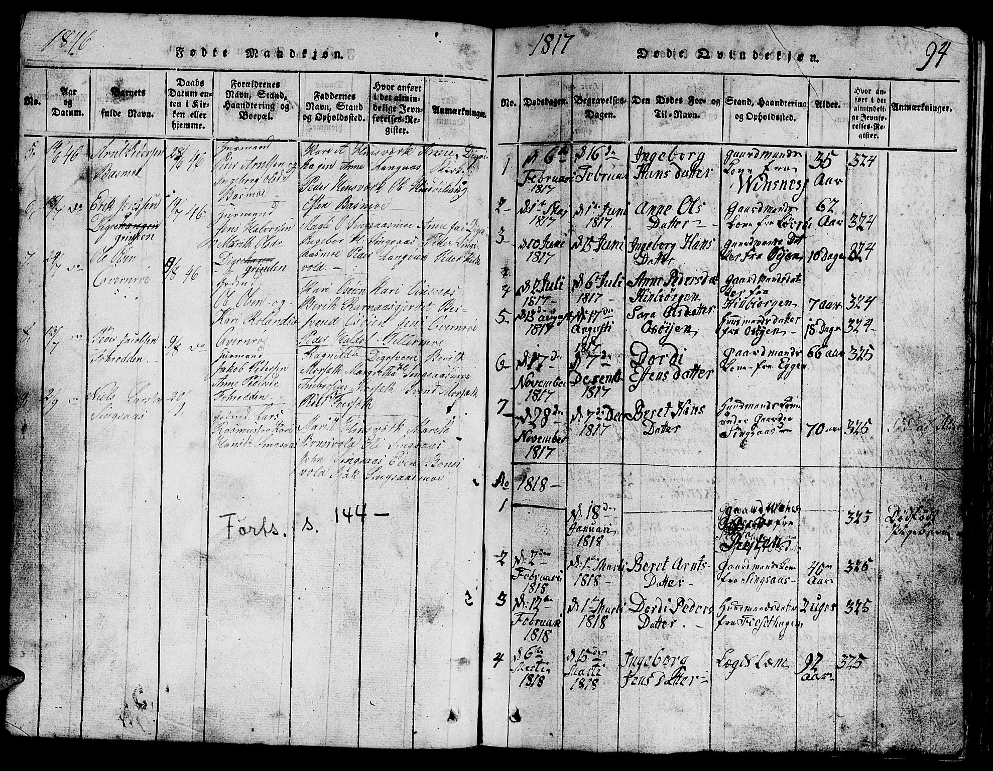 Ministerialprotokoller, klokkerbøker og fødselsregistre - Sør-Trøndelag, SAT/A-1456/688/L1026: Parish register (copy) no. 688C01, 1817-1860, p. 94