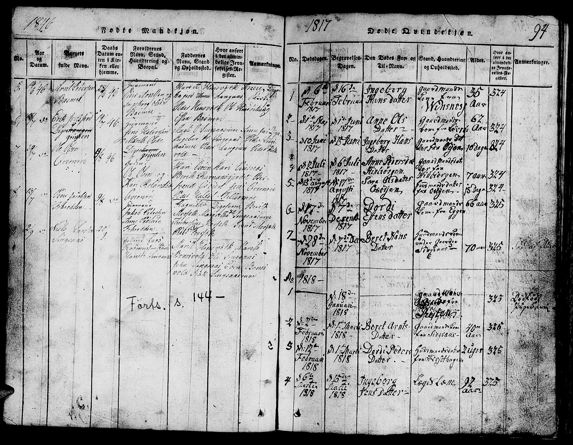 Ministerialprotokoller, klokkerbøker og fødselsregistre - Sør-Trøndelag, AV/SAT-A-1456/688/L1026: Parish register (copy) no. 688C01, 1817-1860, p. 94