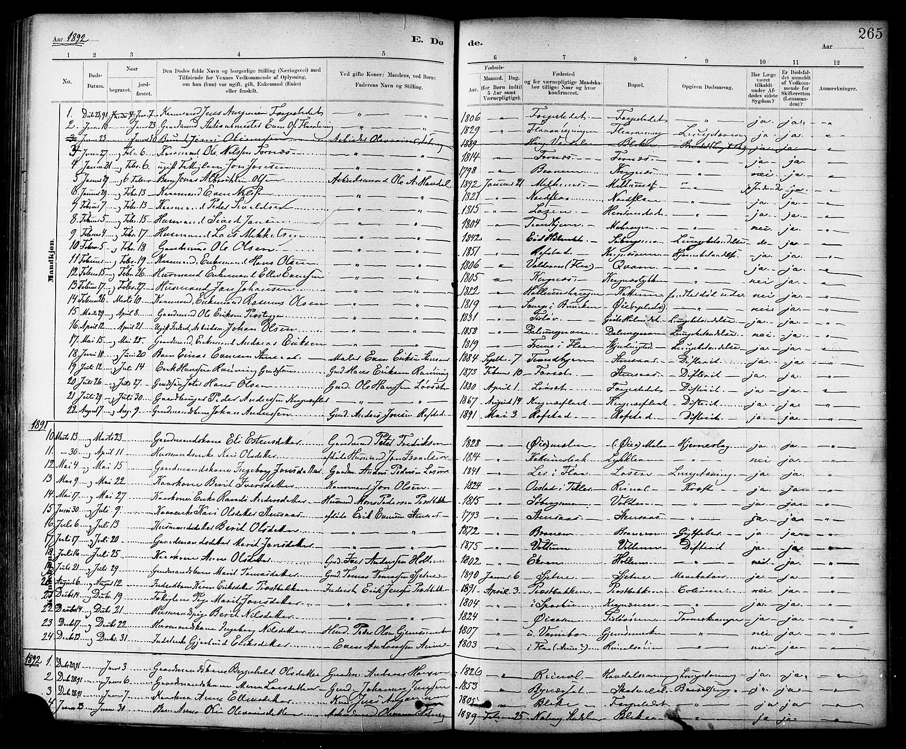 Ministerialprotokoller, klokkerbøker og fødselsregistre - Sør-Trøndelag, AV/SAT-A-1456/691/L1094: Parish register (copy) no. 691C05, 1879-1911, p. 265