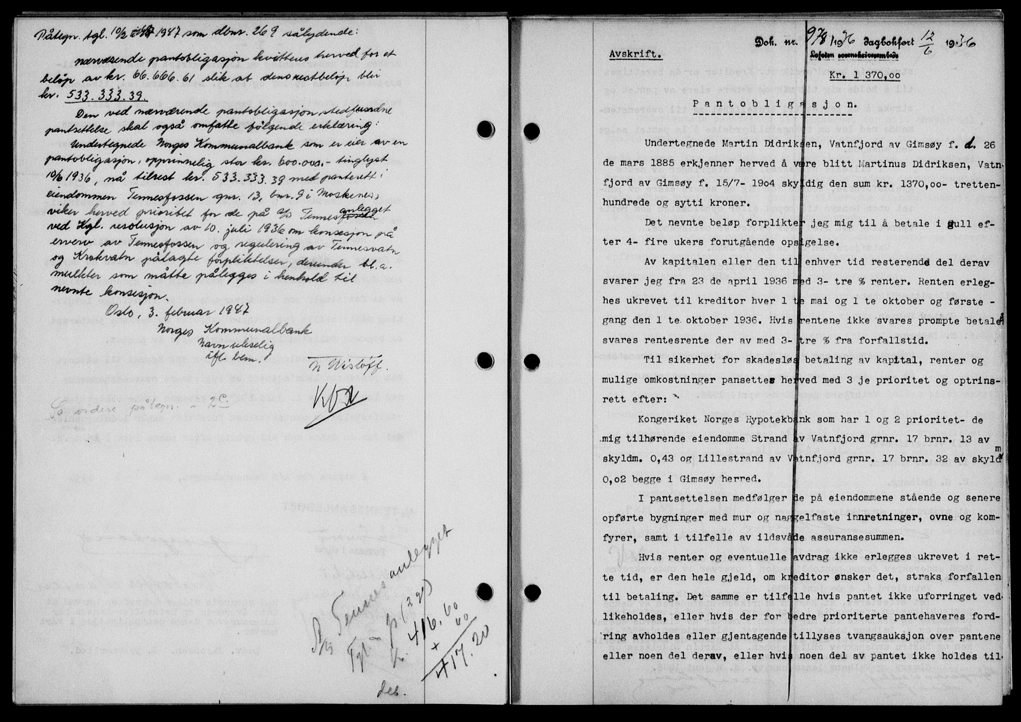 Lofoten sorenskriveri, SAT/A-0017/1/2/2C/L0033b: Mortgage book no. 33b, 1936-1936, Diary no: : 978/1936