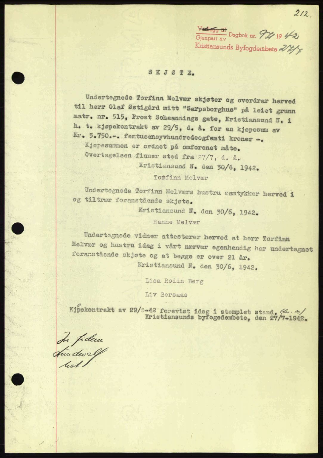 Kristiansund byfogd, AV/SAT-A-4587/A/27: Mortgage book no. 34, 1941-1945, Diary no: : 971/1942