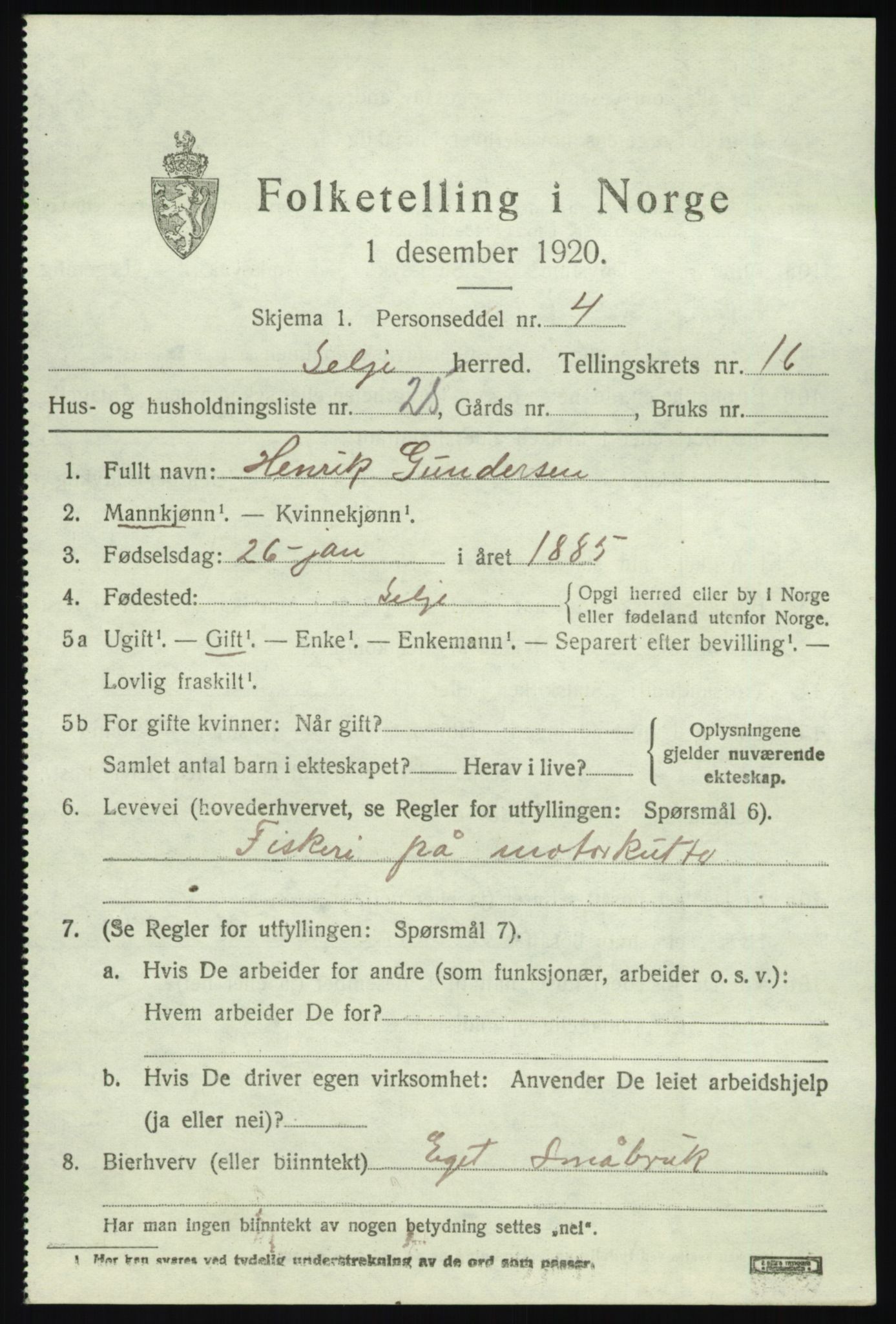 SAB, 1920 census for Selje, 1920, p. 7507