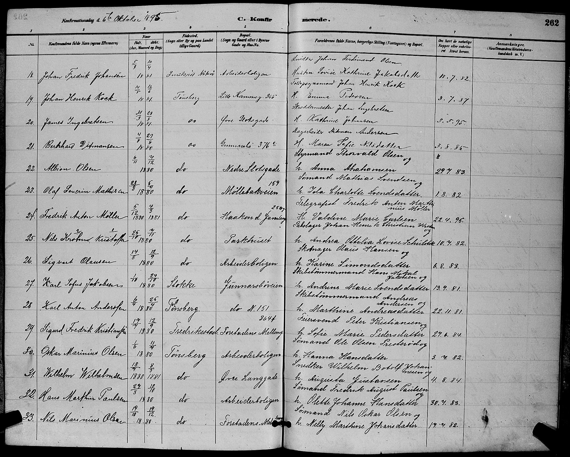 Tønsberg kirkebøker, AV/SAKO-A-330/G/Ga/L0006: Parish register (copy) no. 6, 1885-1895, p. 262