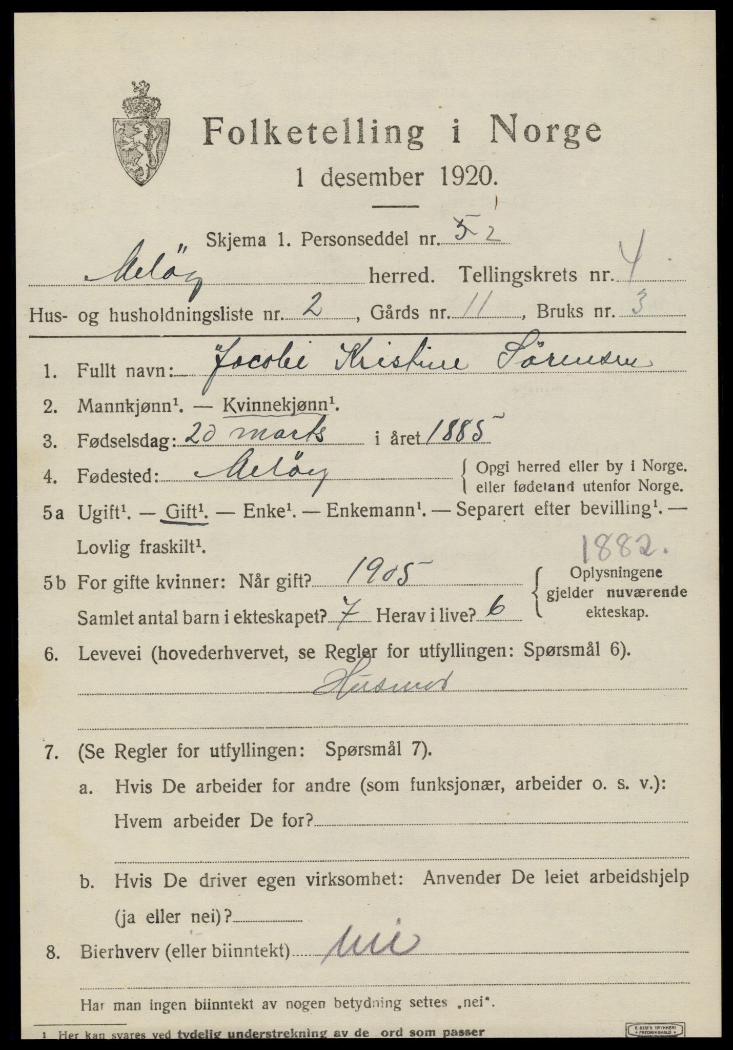 SAT, 1920 census for Meløy, 1920, p. 2781