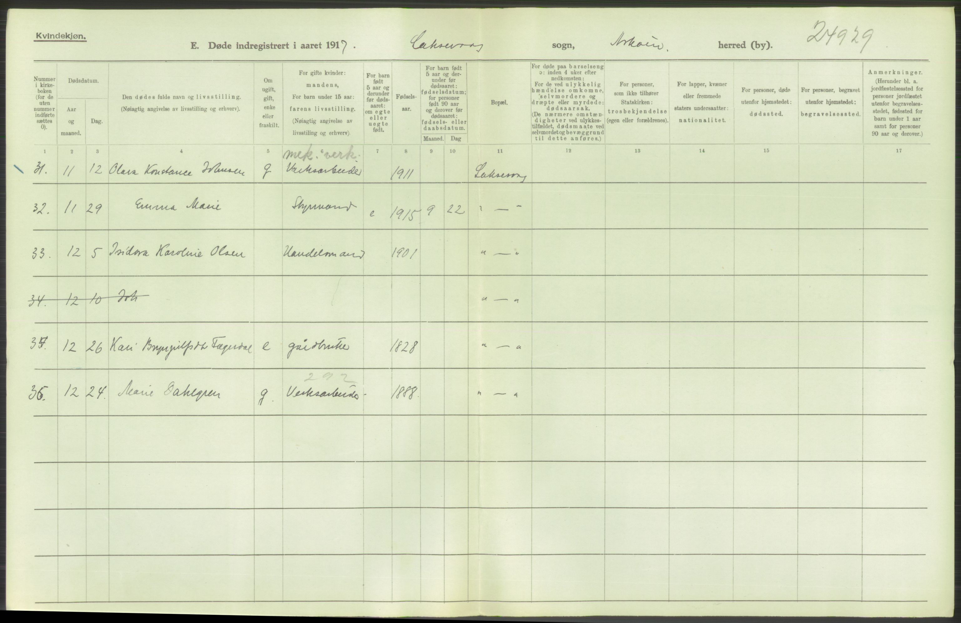 Statistisk sentralbyrå, Sosiodemografiske emner, Befolkning, RA/S-2228/D/Df/Dfb/Dfbg/L0036: S. Bergenhus amt: Døde, dødfødte. Bygder., 1917, p. 380