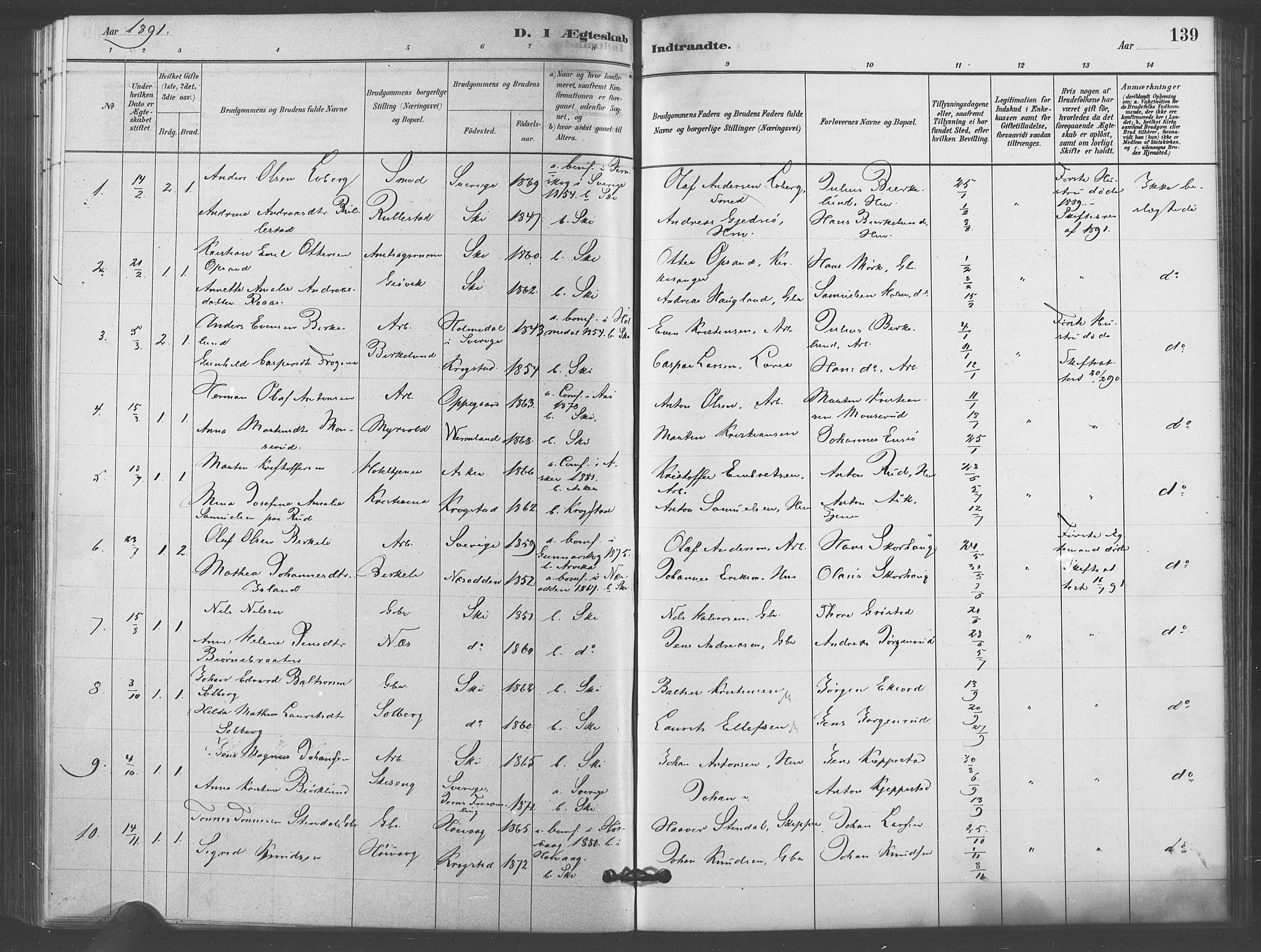 Kråkstad prestekontor Kirkebøker, SAO/A-10125a/F/Fb/L0001: Parish register (official) no. II 1, 1880-1892, p. 139