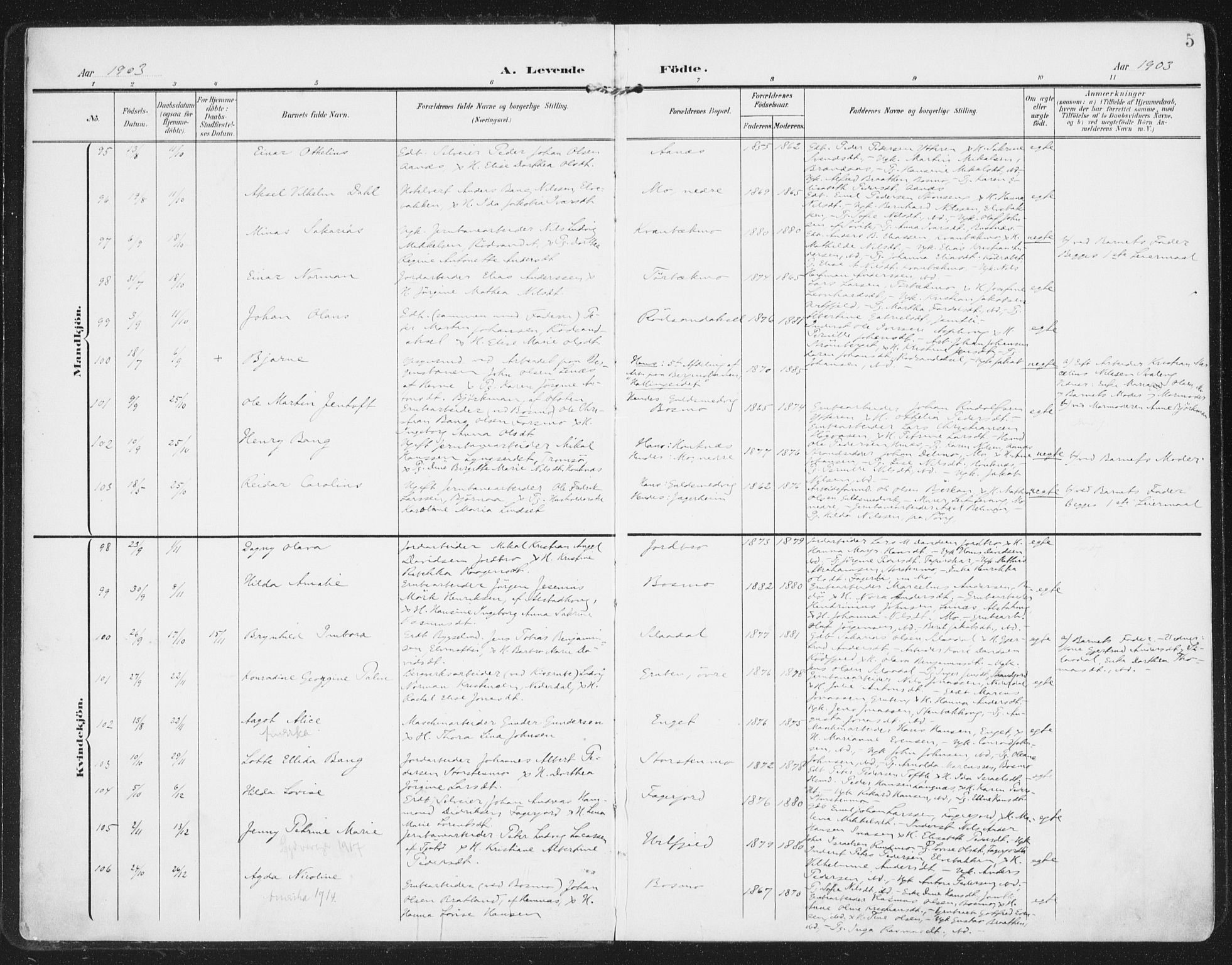 Ministerialprotokoller, klokkerbøker og fødselsregistre - Nordland, AV/SAT-A-1459/827/L0402: Parish register (official) no. 827A14, 1903-1912, p. 5