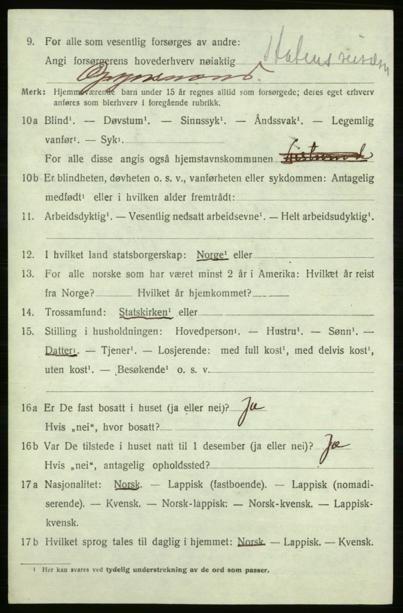 SATØ, 1920 census for Kistrand, 1920, p. 3081