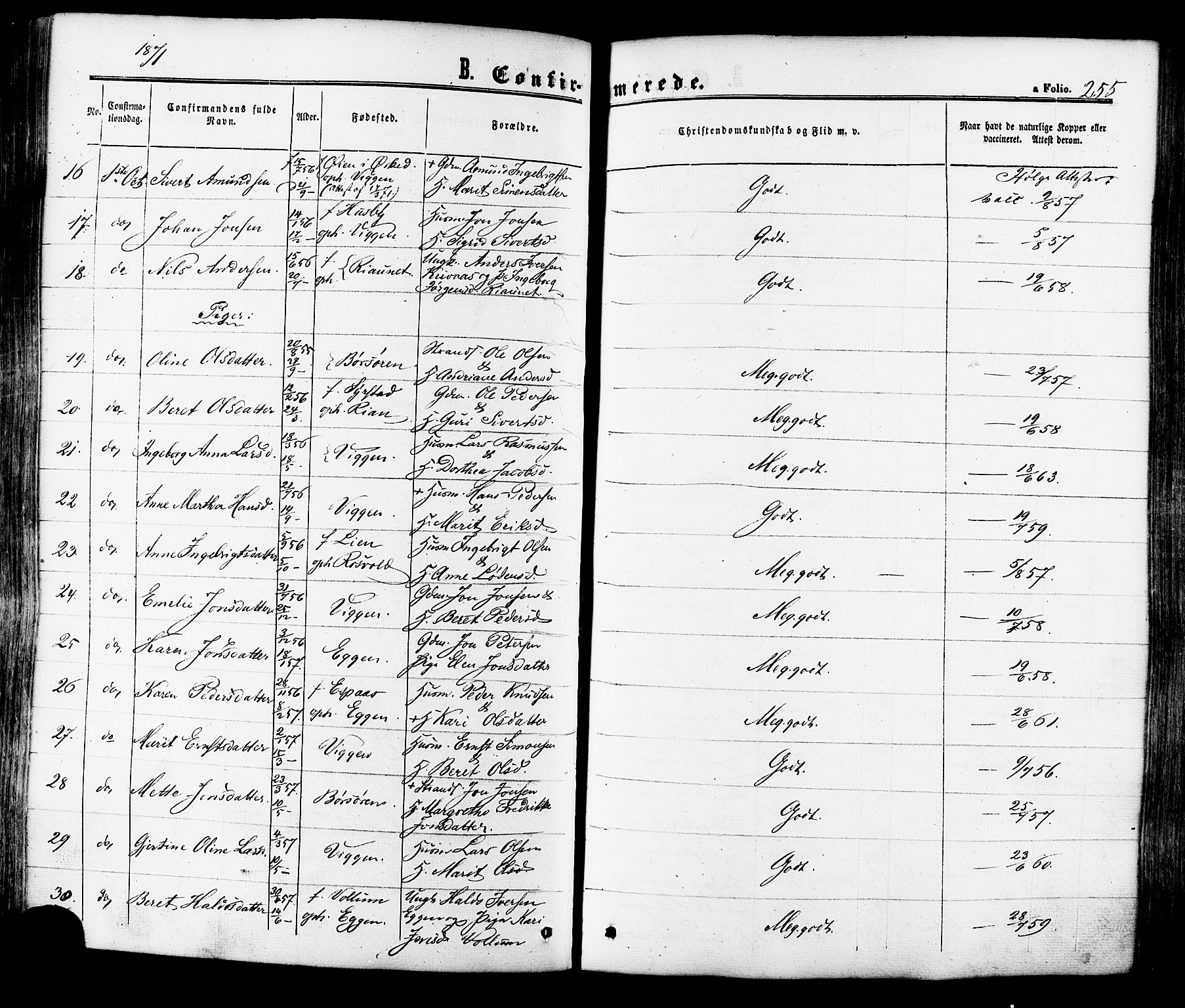 Ministerialprotokoller, klokkerbøker og fødselsregistre - Sør-Trøndelag, AV/SAT-A-1456/665/L0772: Parish register (official) no. 665A07, 1856-1878, p. 255