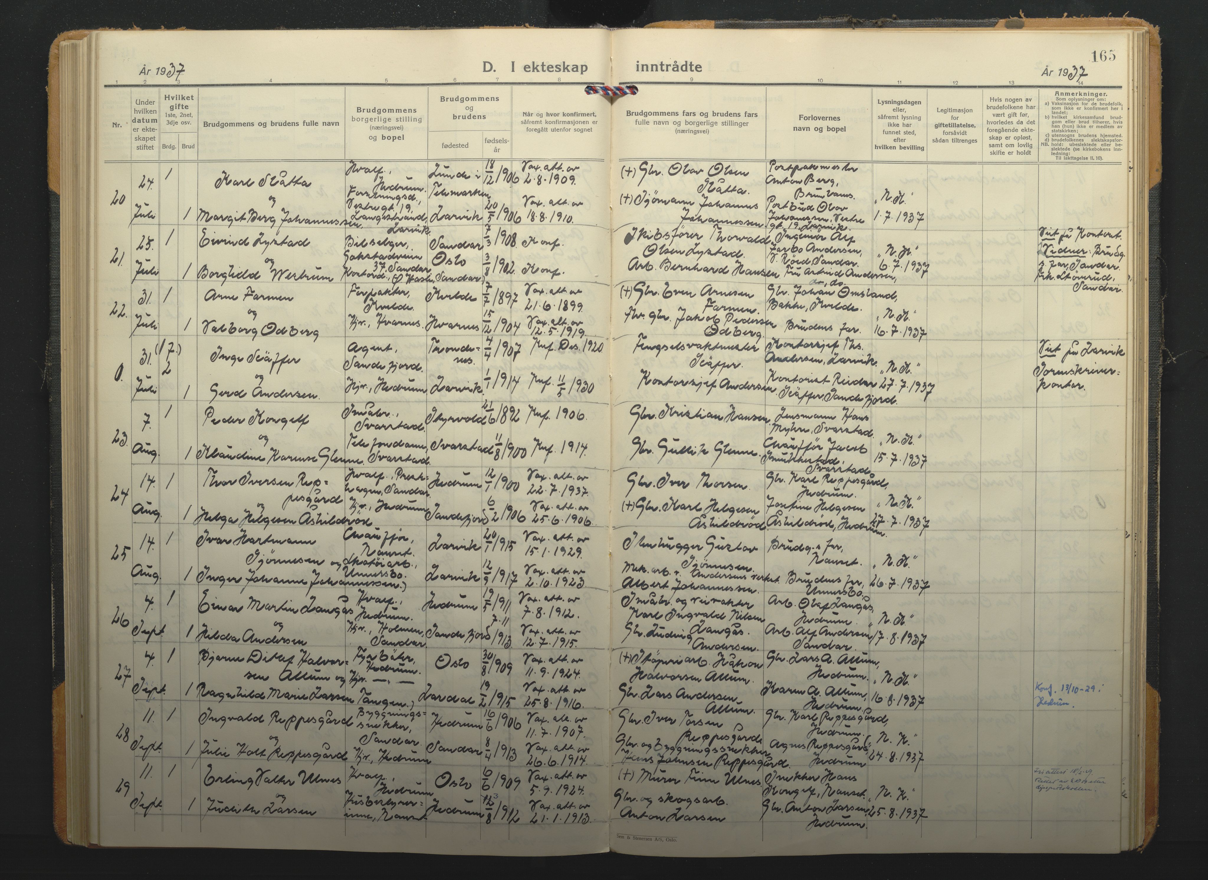 Hedrum kirkebøker, SAKO/A-344/F/Fa/L0012: Parish register (official) no. I 12, 1934-1941, p. 165