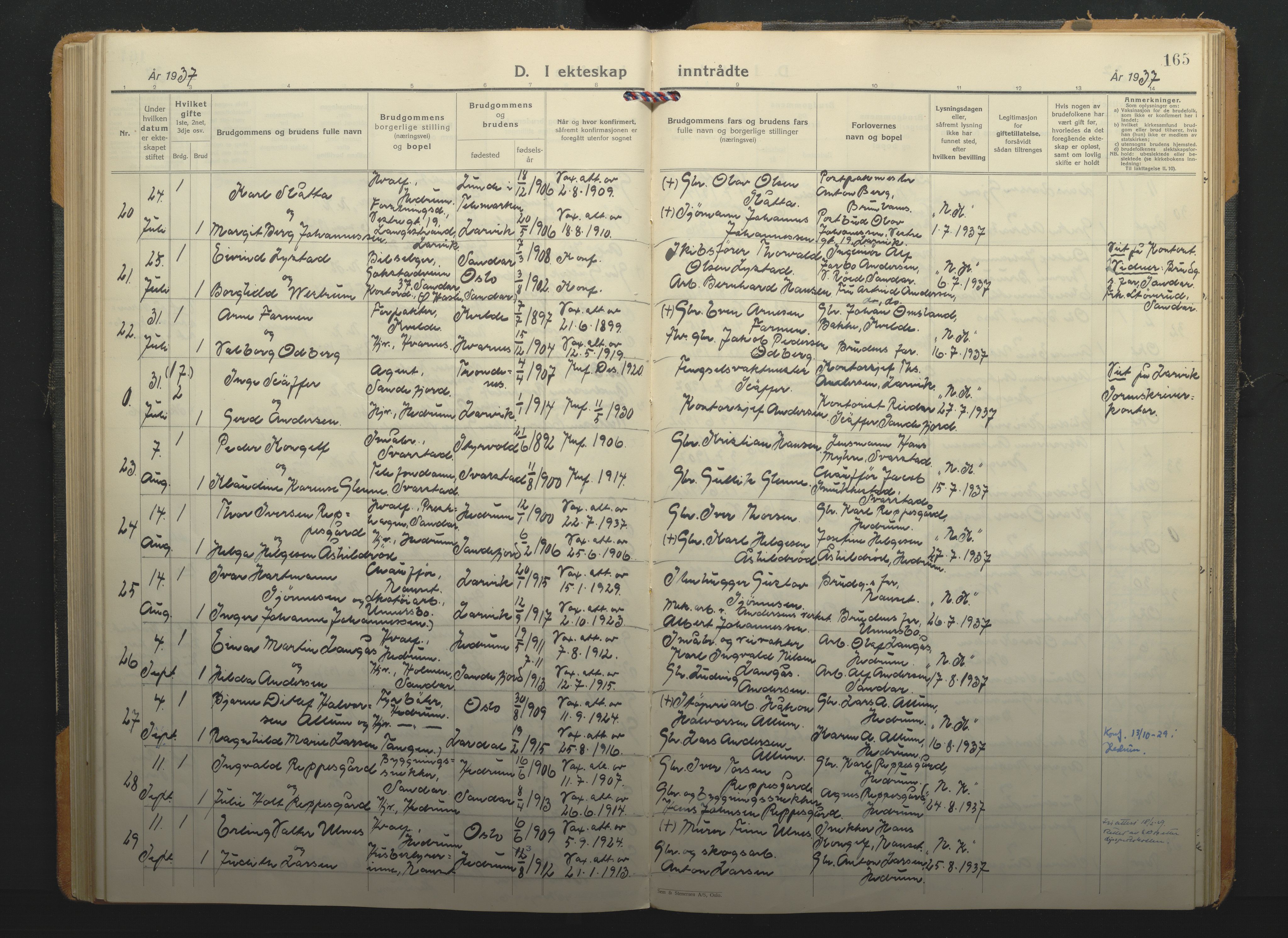 Hedrum kirkebøker, AV/SAKO-A-344/F/Fa/L0012: Parish register (official) no. I 12, 1934-1941, p. 165