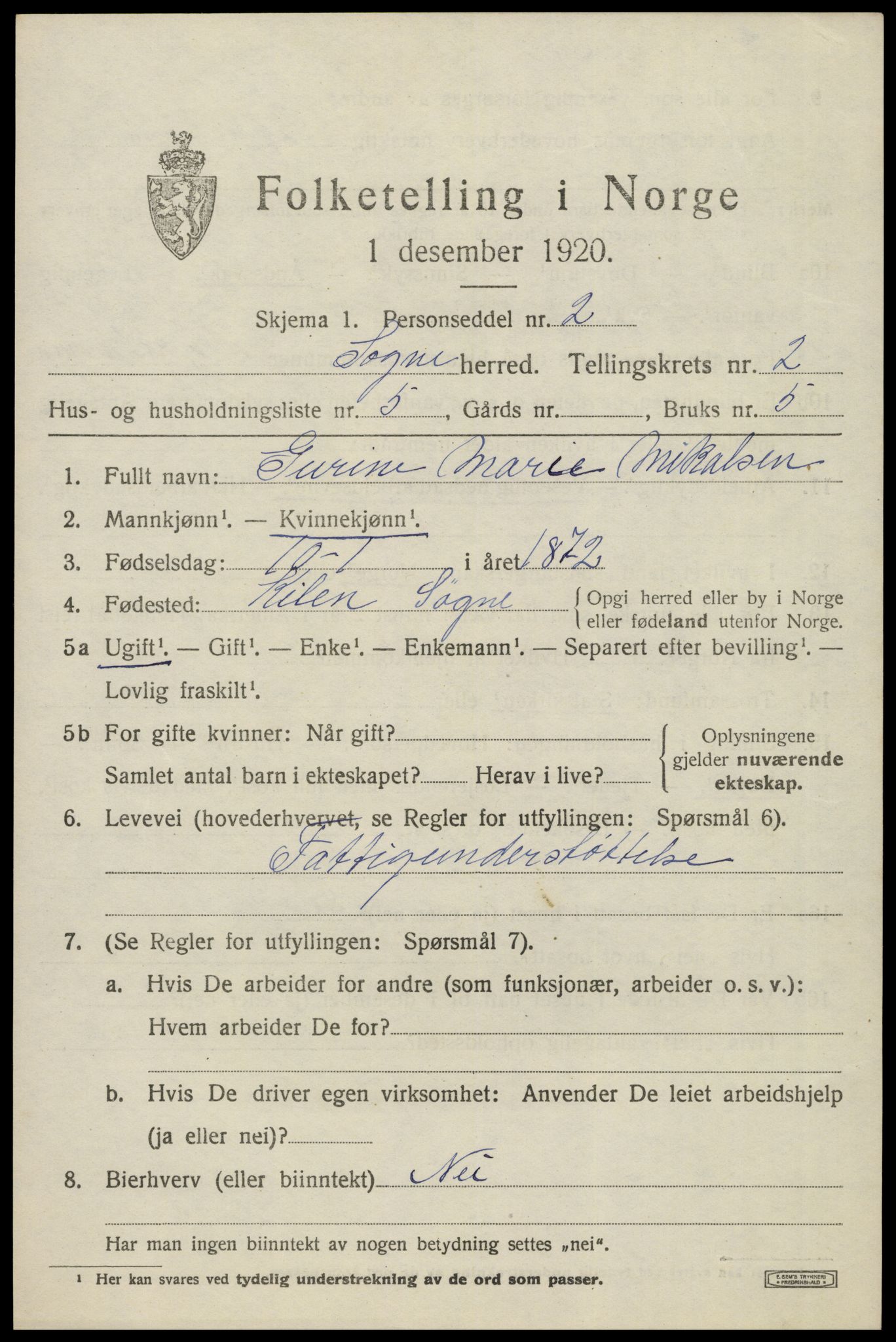 SAK, 1920 census for Søgne, 1920, p. 1491