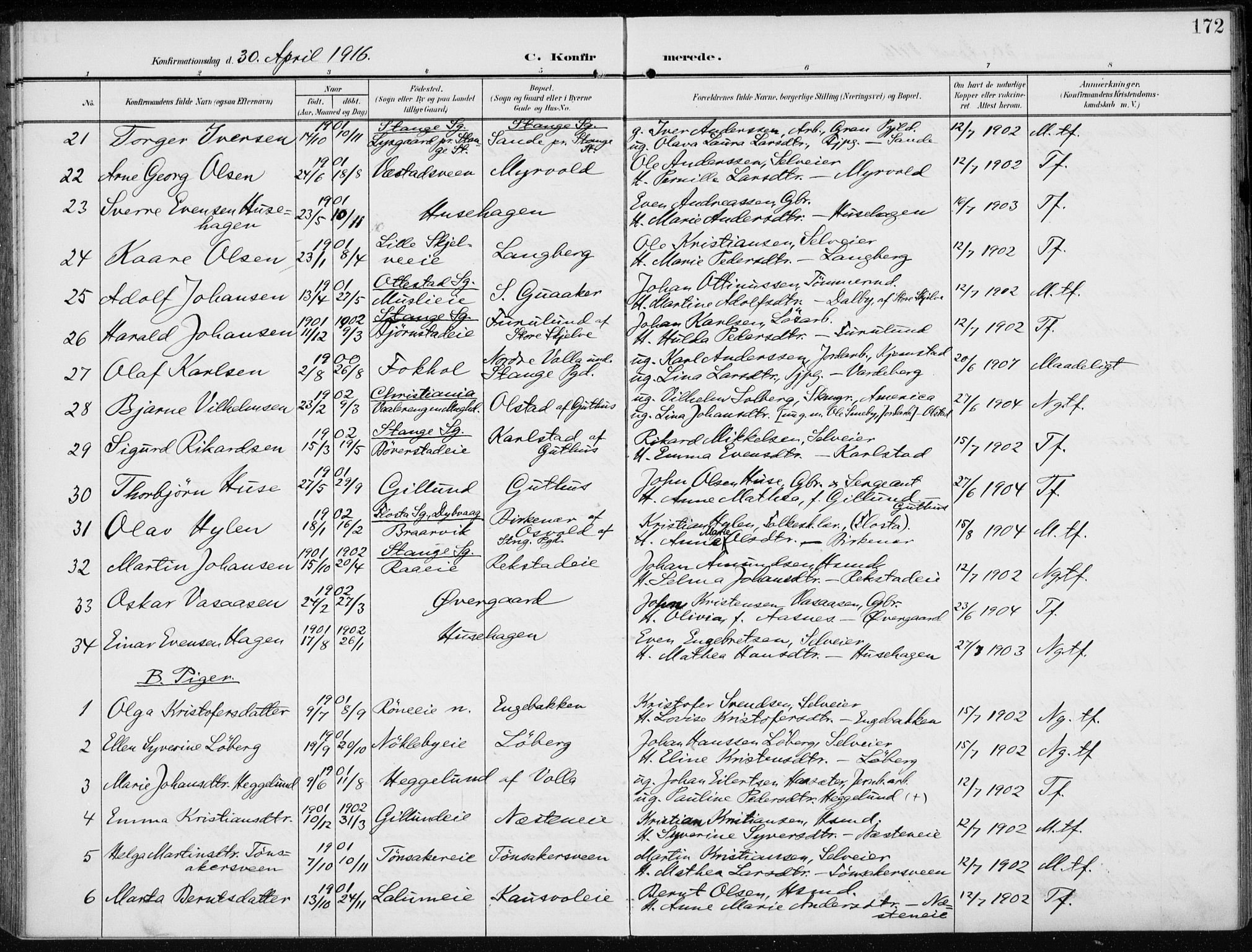 Stange prestekontor, SAH/PREST-002/K/L0024: Parish register (official) no. 24, 1906-1922, p. 172