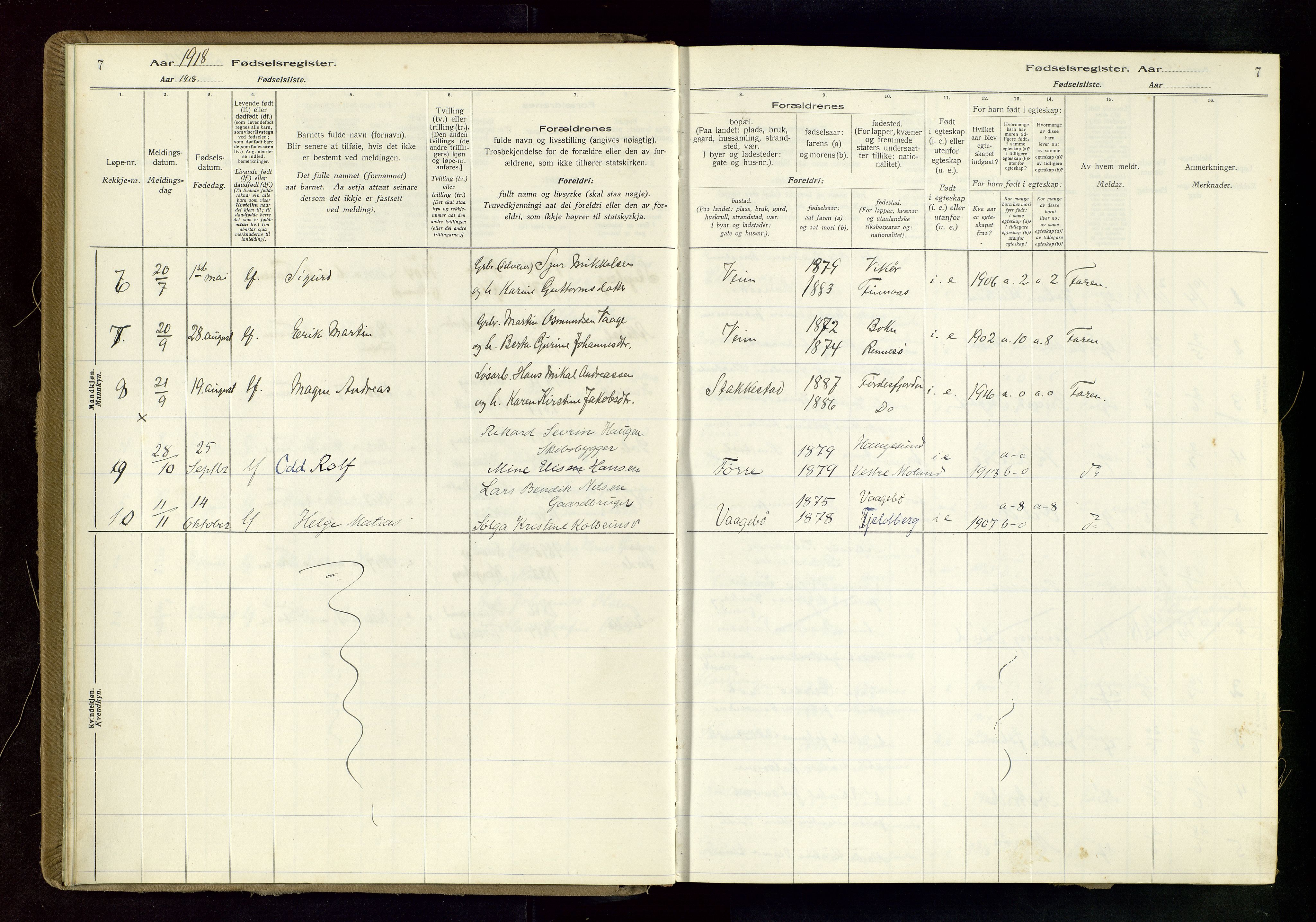 Tysvær sokneprestkontor, AV/SAST-A -101864/I/Id/L0004: Birth register no. 4, 1916-1979, p. 7