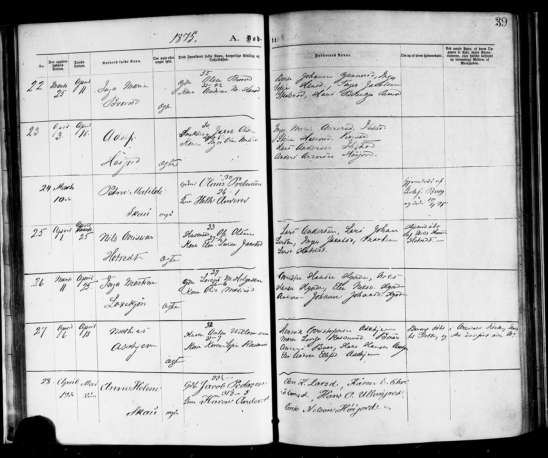 Andebu kirkebøker, SAKO/A-336/F/Fa/L0006: Parish register (official) no. 6, 1871-1878, p. 39