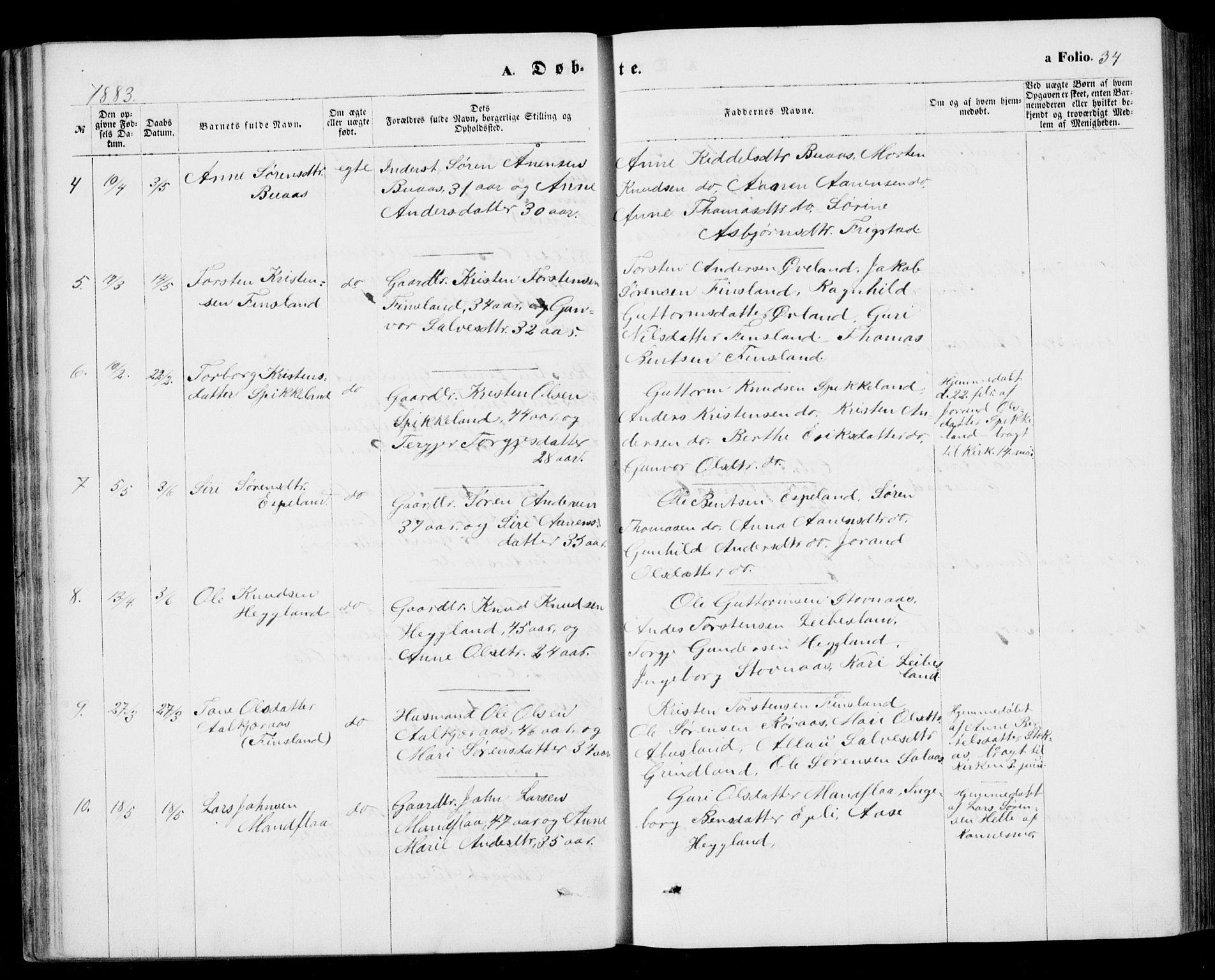 Bjelland sokneprestkontor, AV/SAK-1111-0005/F/Fb/Fbb/L0004: Parish register (copy) no. B 4, 1867-1887, p. 34