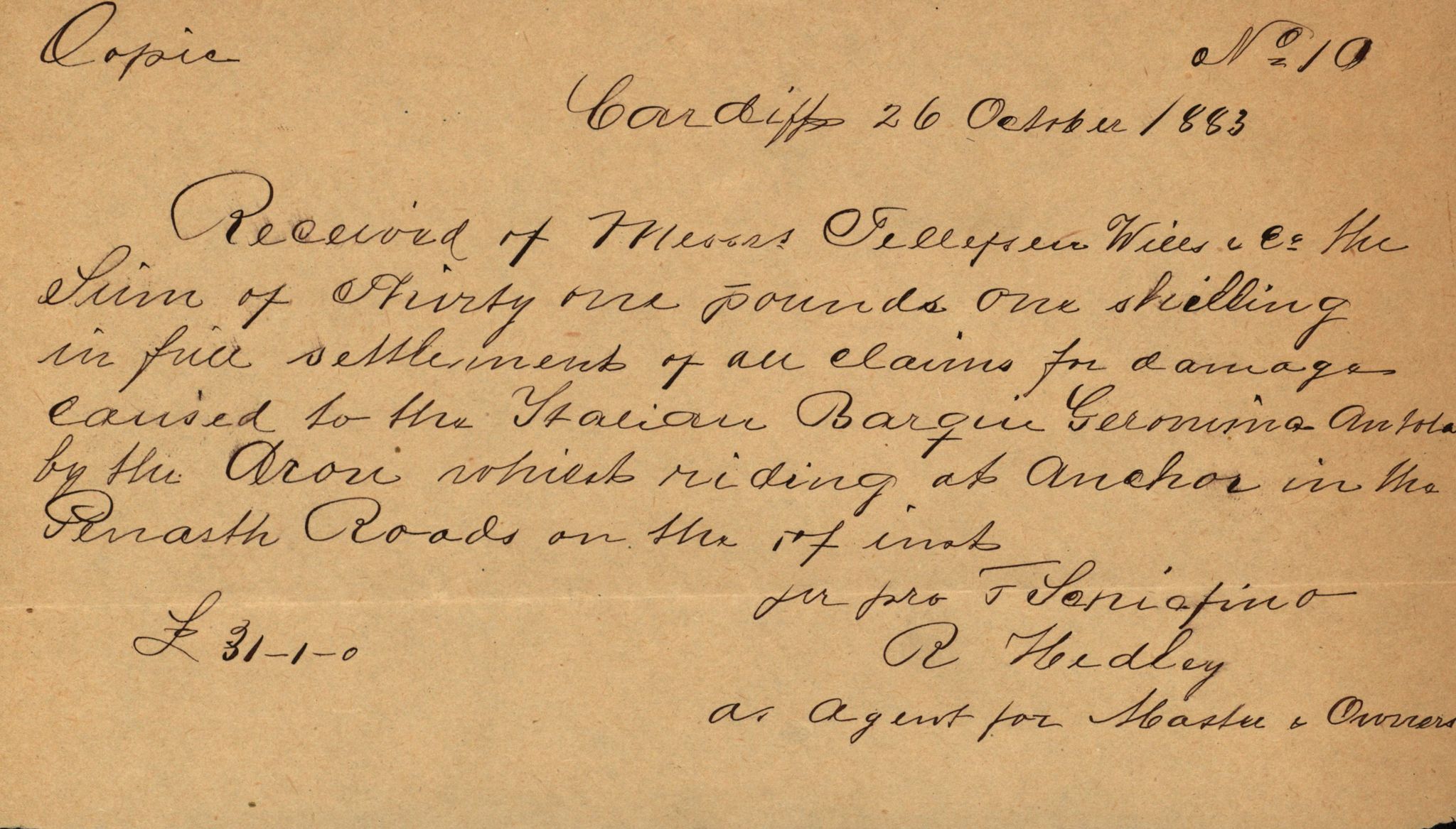 Pa 63 - Østlandske skibsassuranceforening, VEMU/A-1079/G/Ga/L0016/0016: Havaridokumenter / St. Petersburg, Ariel, B.M. Width, Aron, 1883, p. 21