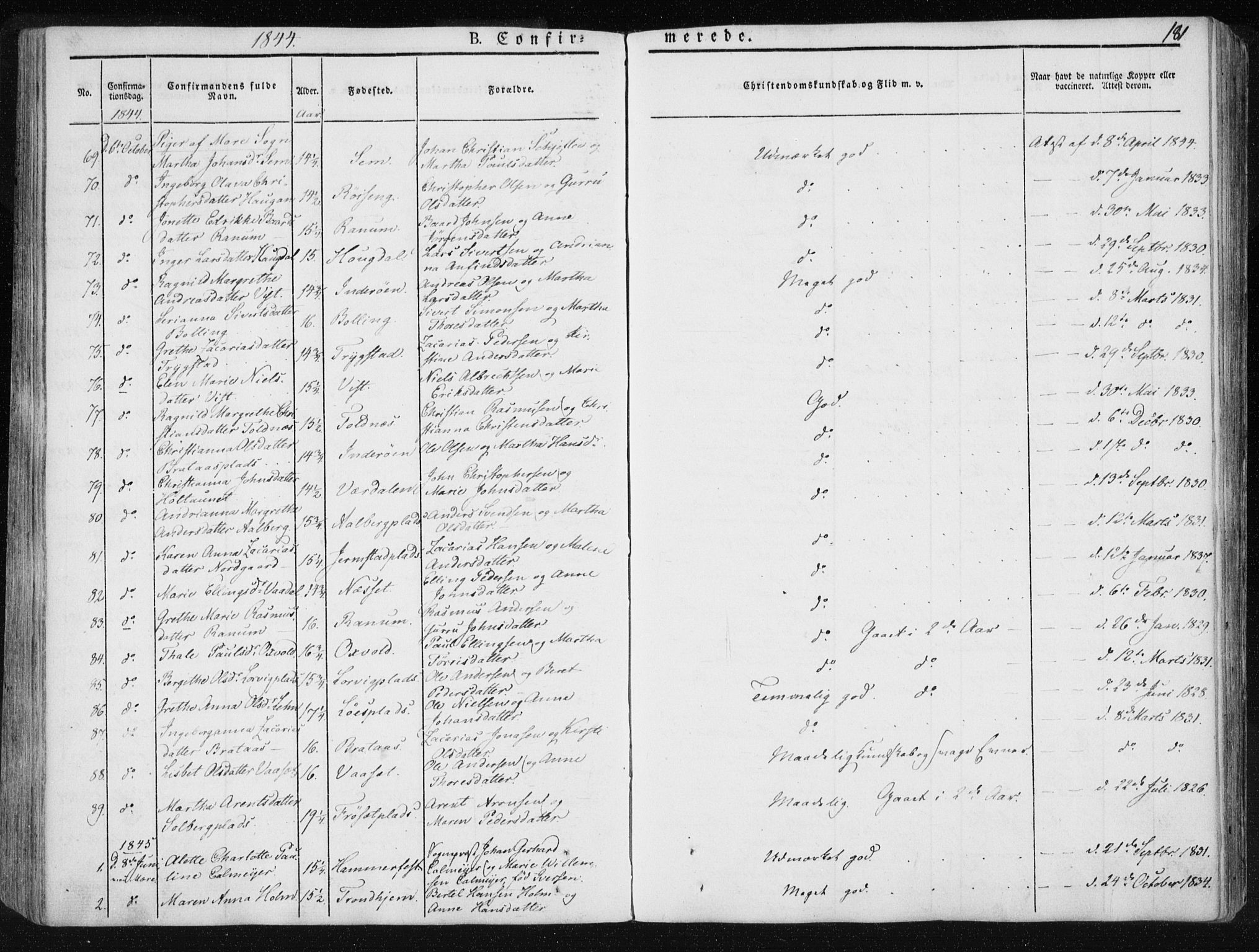 Ministerialprotokoller, klokkerbøker og fødselsregistre - Nord-Trøndelag, AV/SAT-A-1458/735/L0339: Parish register (official) no. 735A06 /1, 1836-1848, p. 181