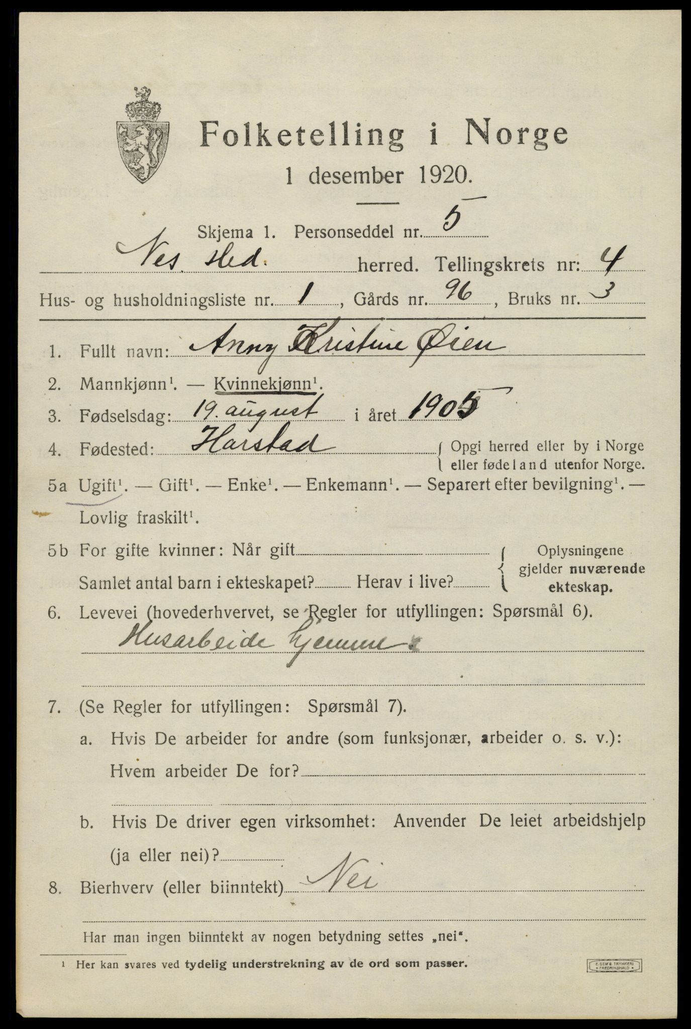 SAH, 1920 census for Nes (Hedmark), 1920, p. 5598