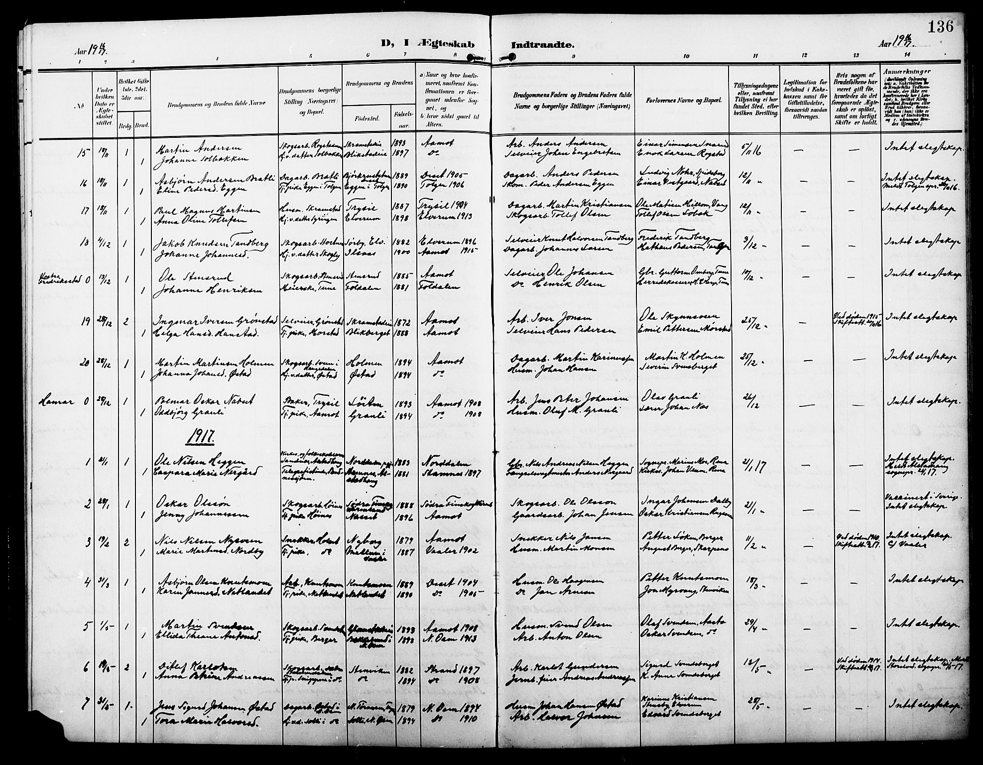 Åmot prestekontor, Hedmark, AV/SAH-PREST-056/H/Ha/Hab/L0004: Parish register (copy) no. 4, 1905-1920, p. 136