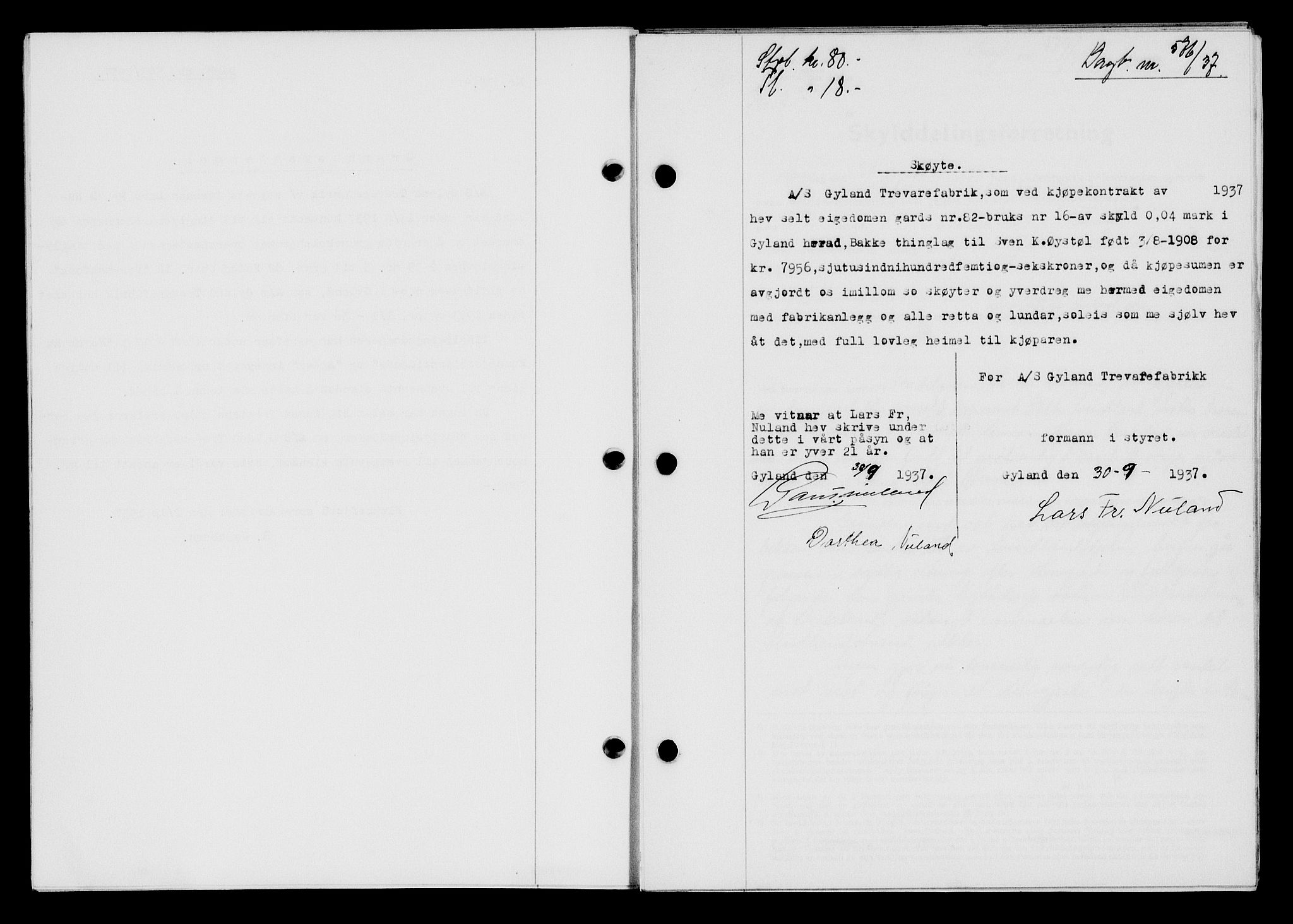 Flekkefjord sorenskriveri, SAK/1221-0001/G/Gb/Gba/L0054: Mortgage book no. A-2, 1937-1938, Diary no: : 576/1937