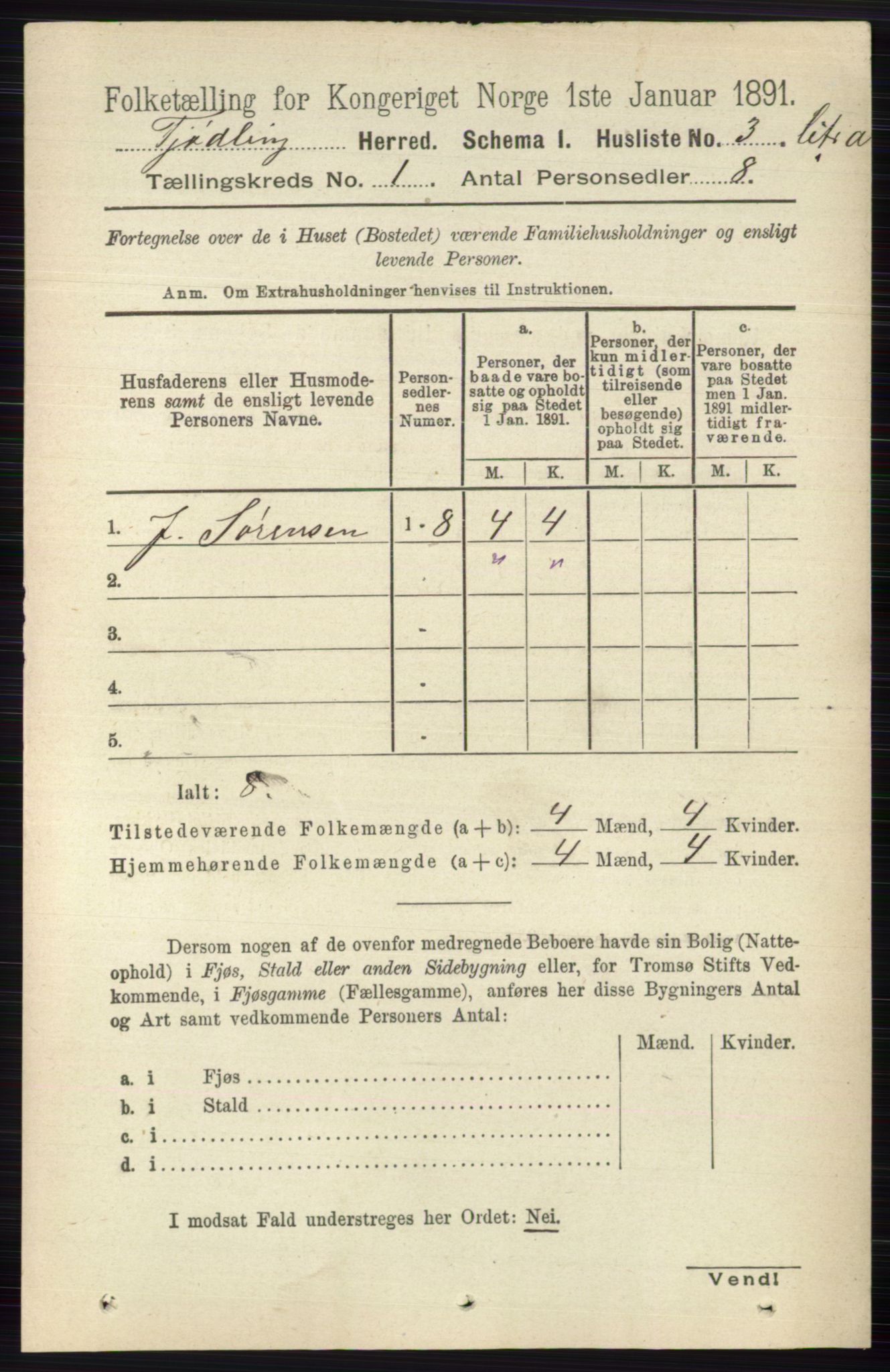 RA, 1891 census for 0725 Tjølling, 1891, p. 26